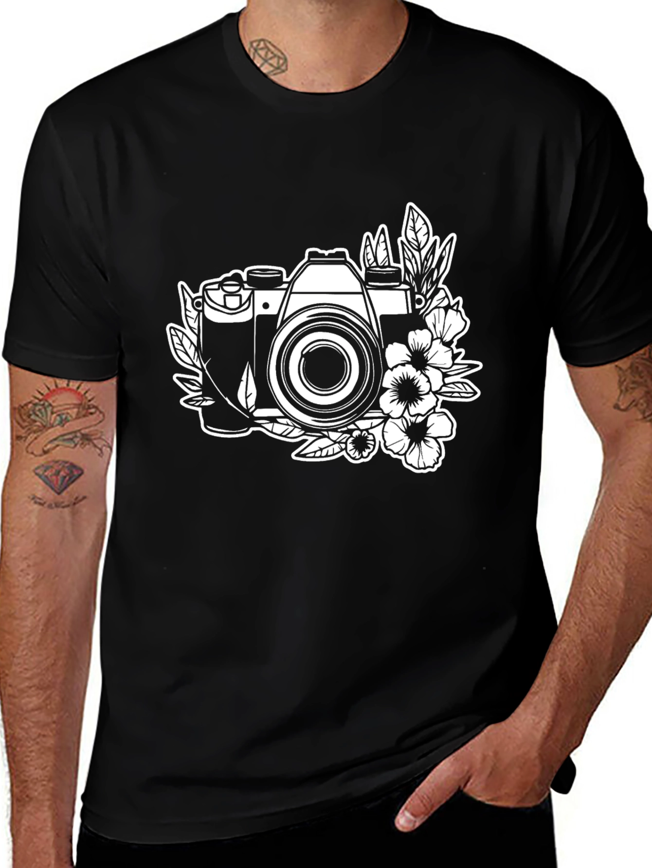 Floral Camera Black Graphic Tee