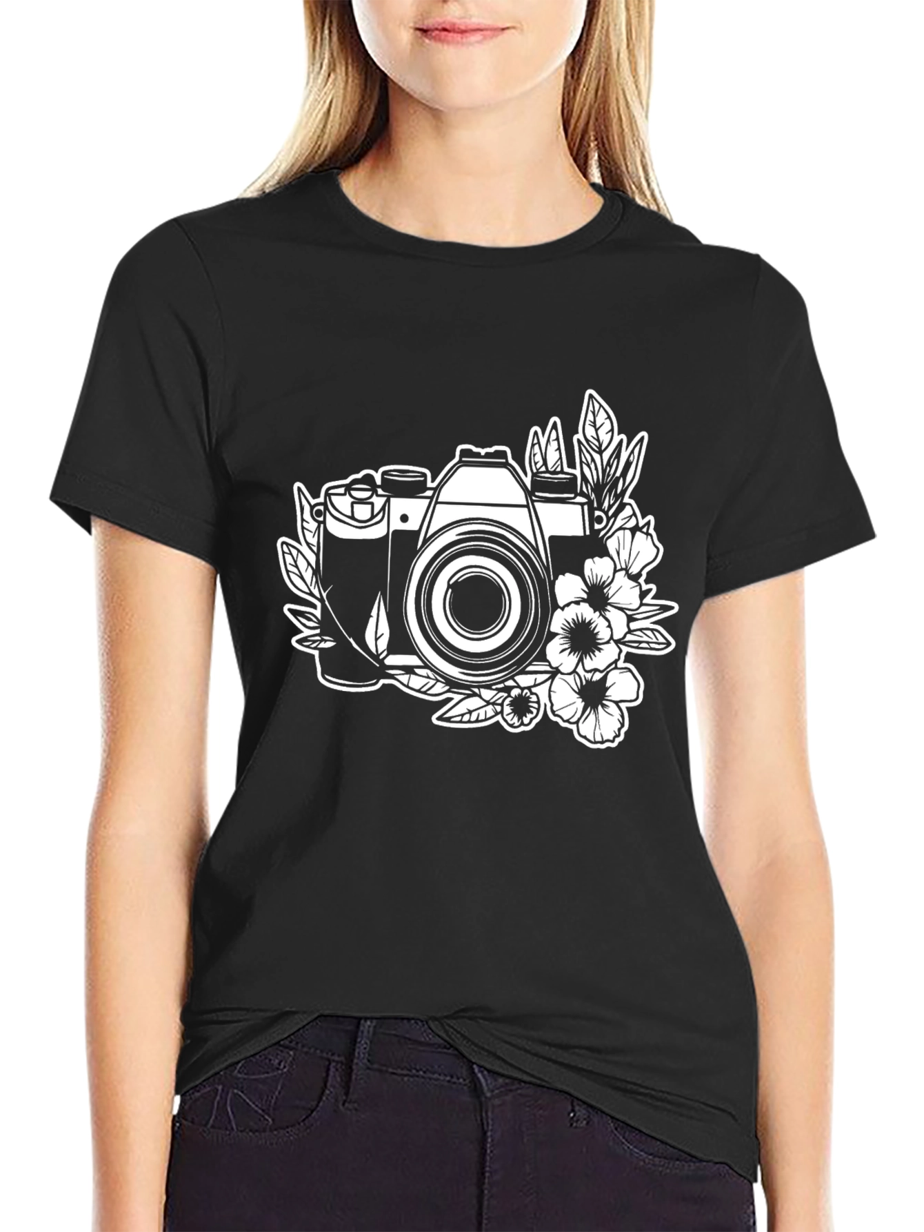 Floral Camera Black Graphic Tee