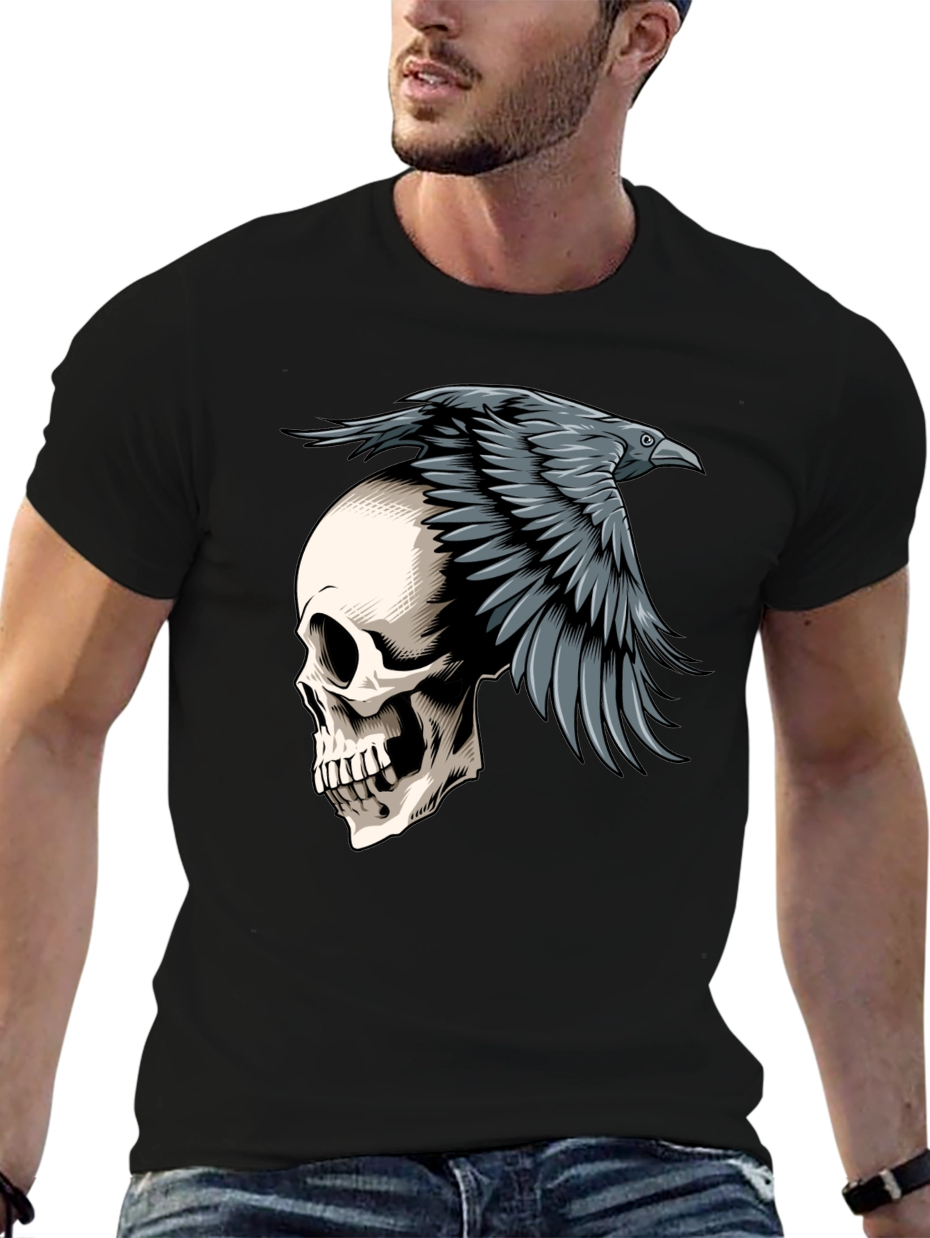 Raven Skull Graphic Tee - Mens Black T-Shirt