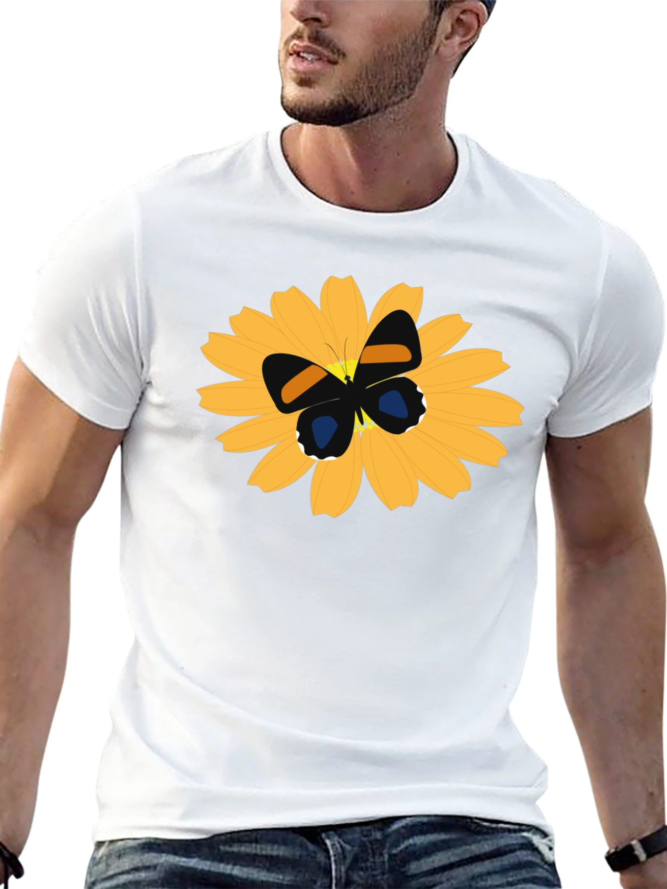 Black T-Shirt with Butterfly on Flower Design