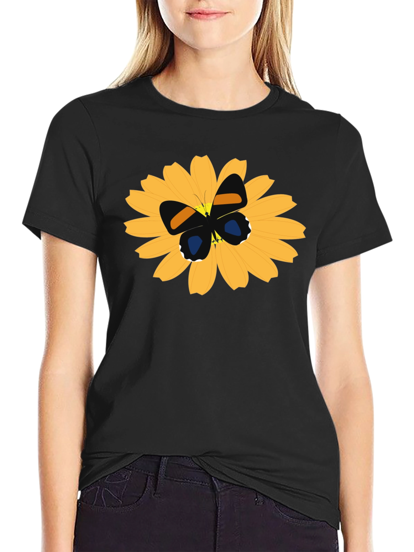 Black T-Shirt with Butterfly on Flower Design