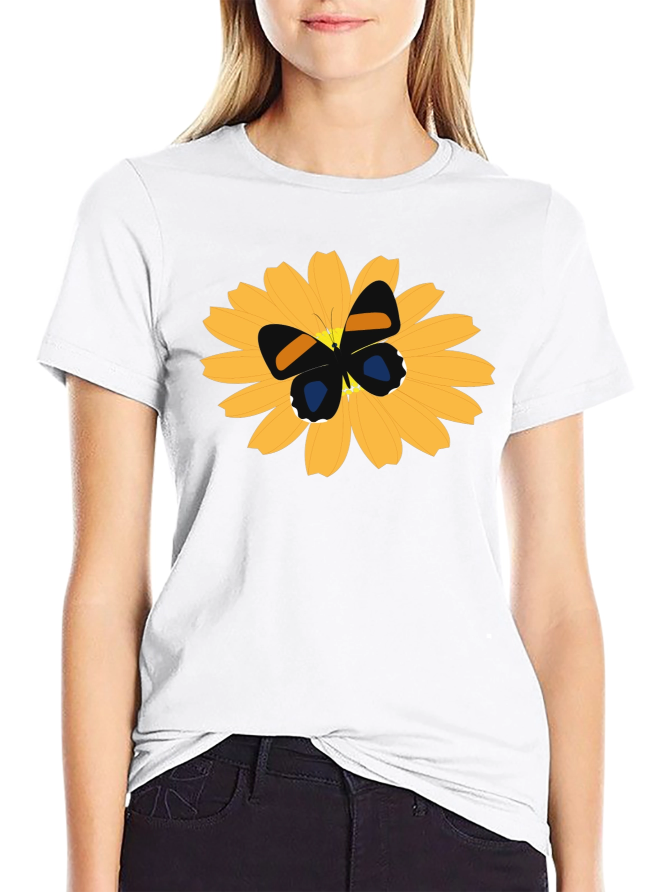 Black T-Shirt with Butterfly on Flower Design