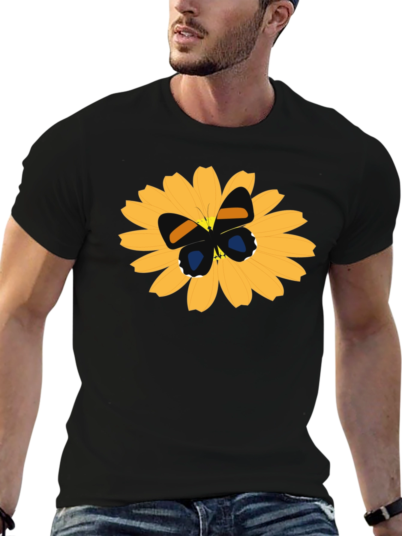 Black T-Shirt with Butterfly on Flower Design