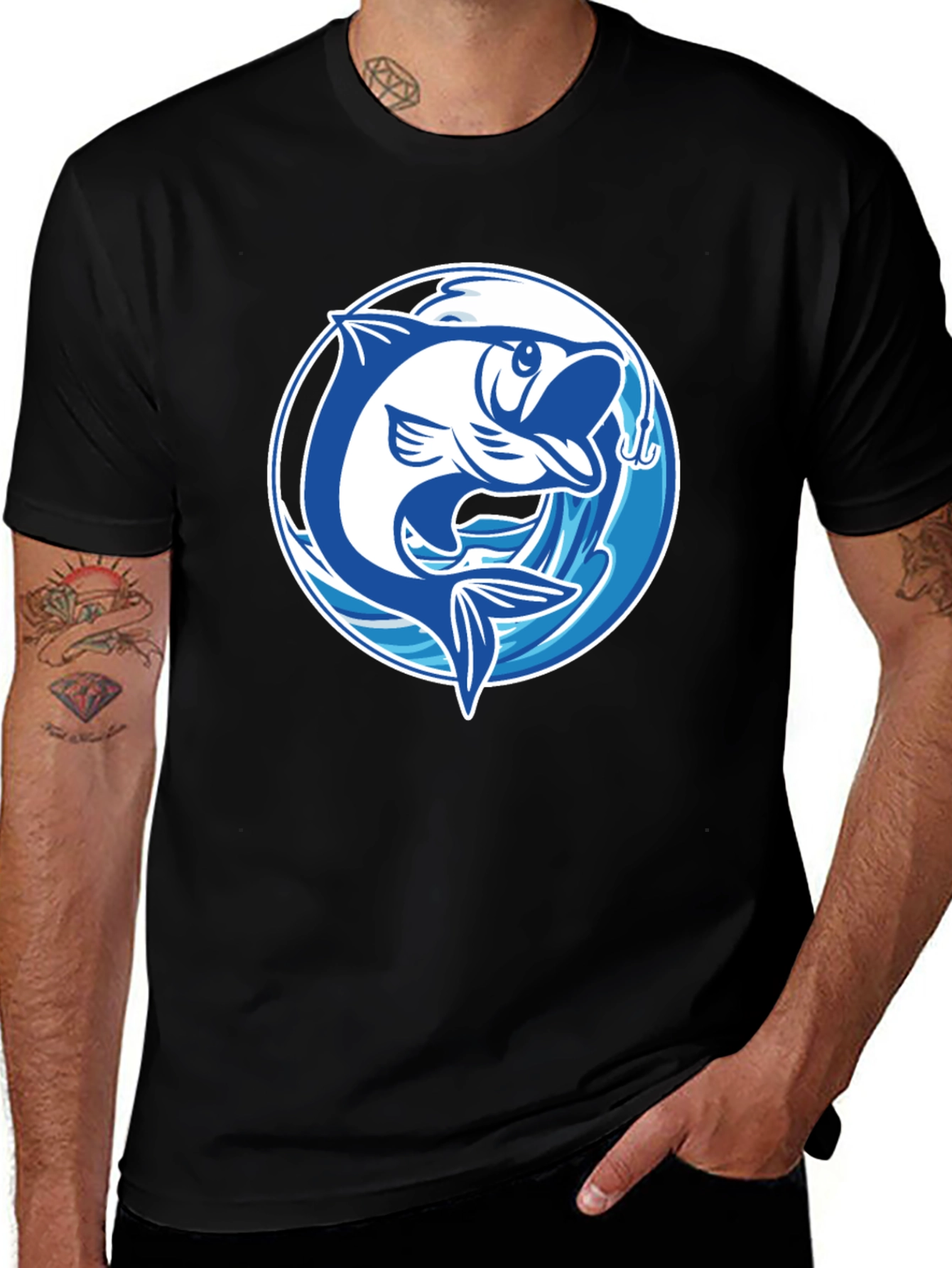 Black Fishing T-Shirt with Fish Graphic