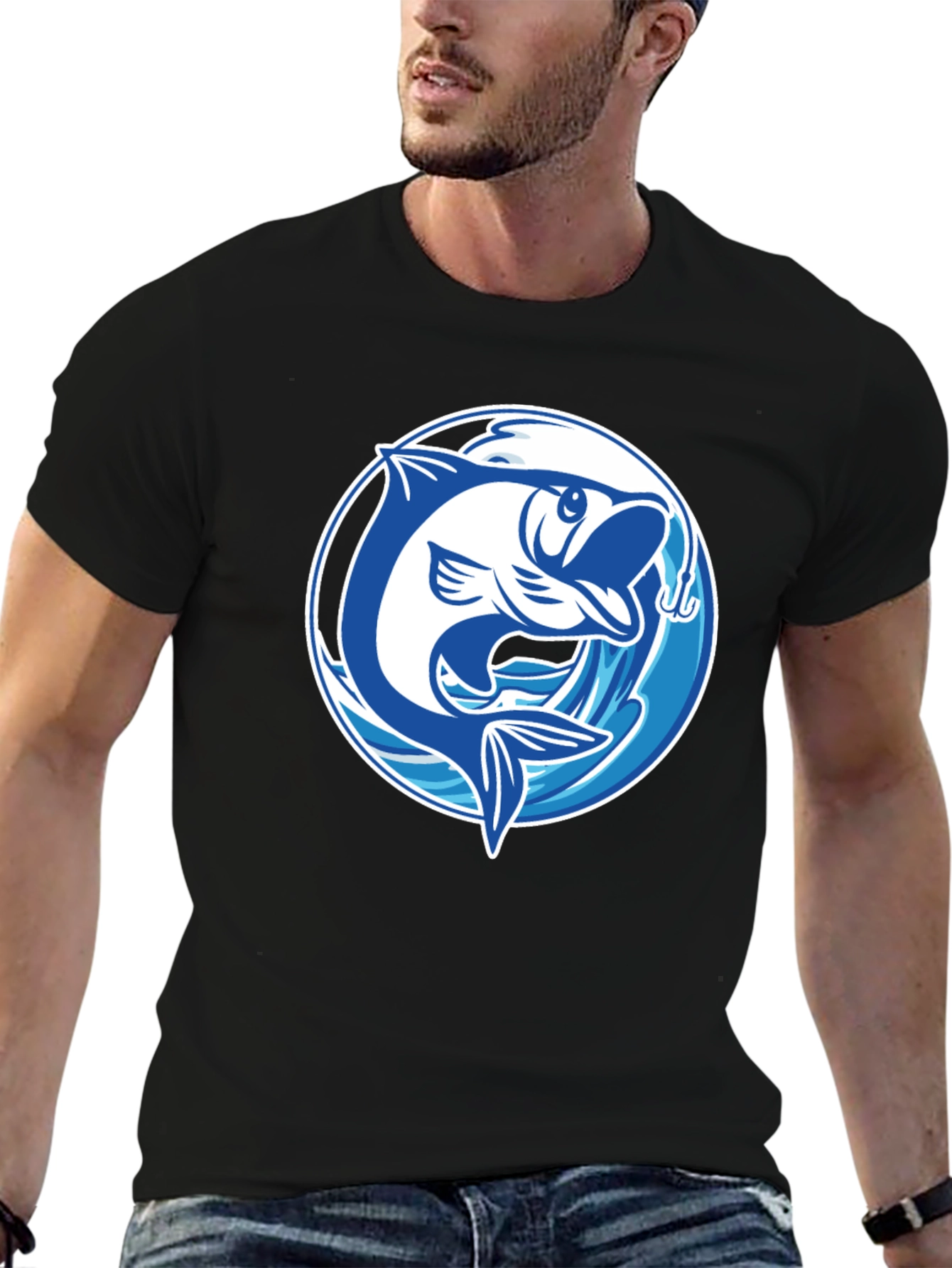 Black Fishing T-Shirt with Fish Graphic