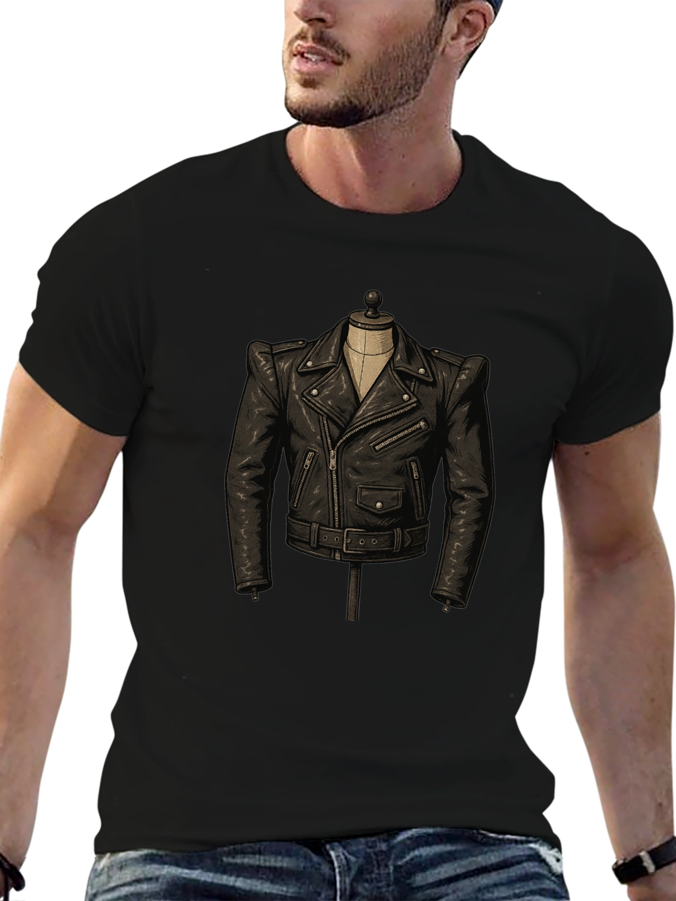 Black T-Shirt with Leather Jacket Design
