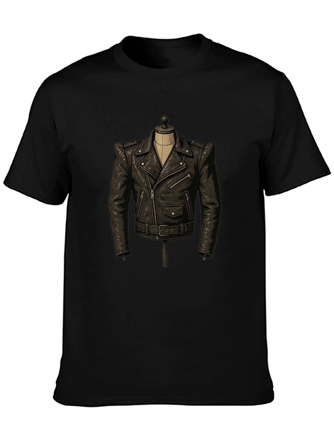 Black T-Shirt with Leather Jacket Design