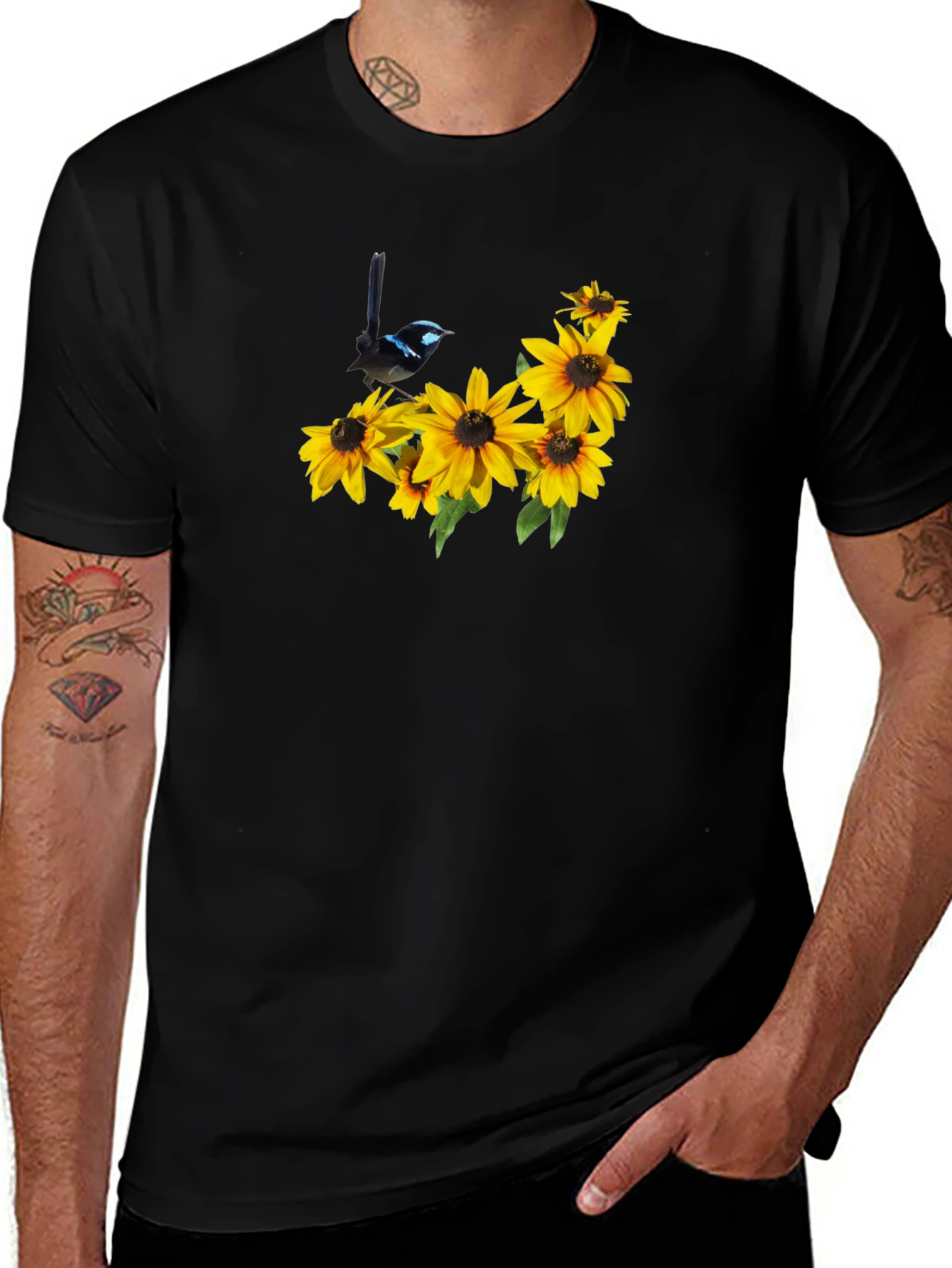Black Tee with Bird and Sunflower Graphic