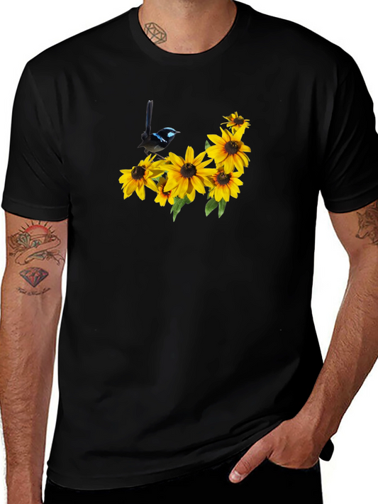 Black Tee with Bird and Sunflower Graphic