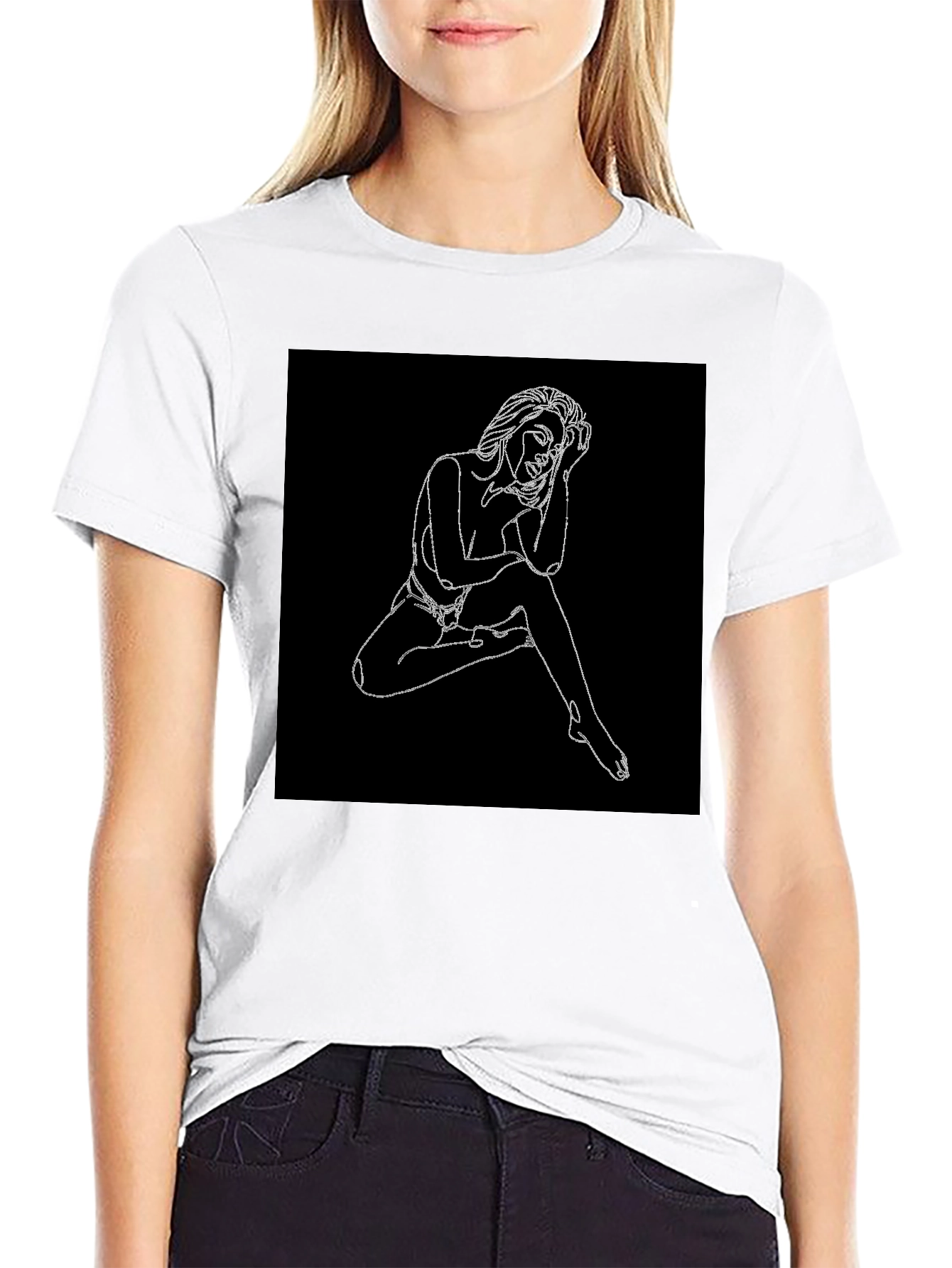 Line Art Woman Graphic Black T-Shirt
