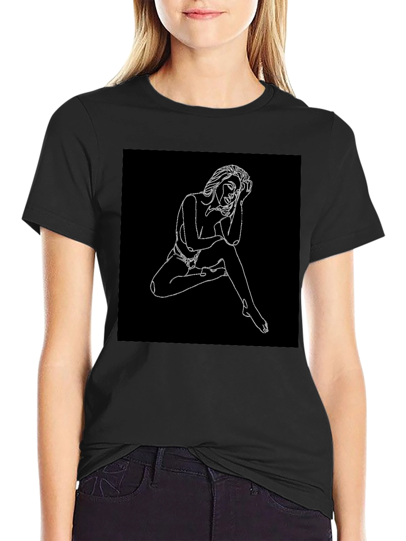 Line Art Woman Graphic Black T-Shirt