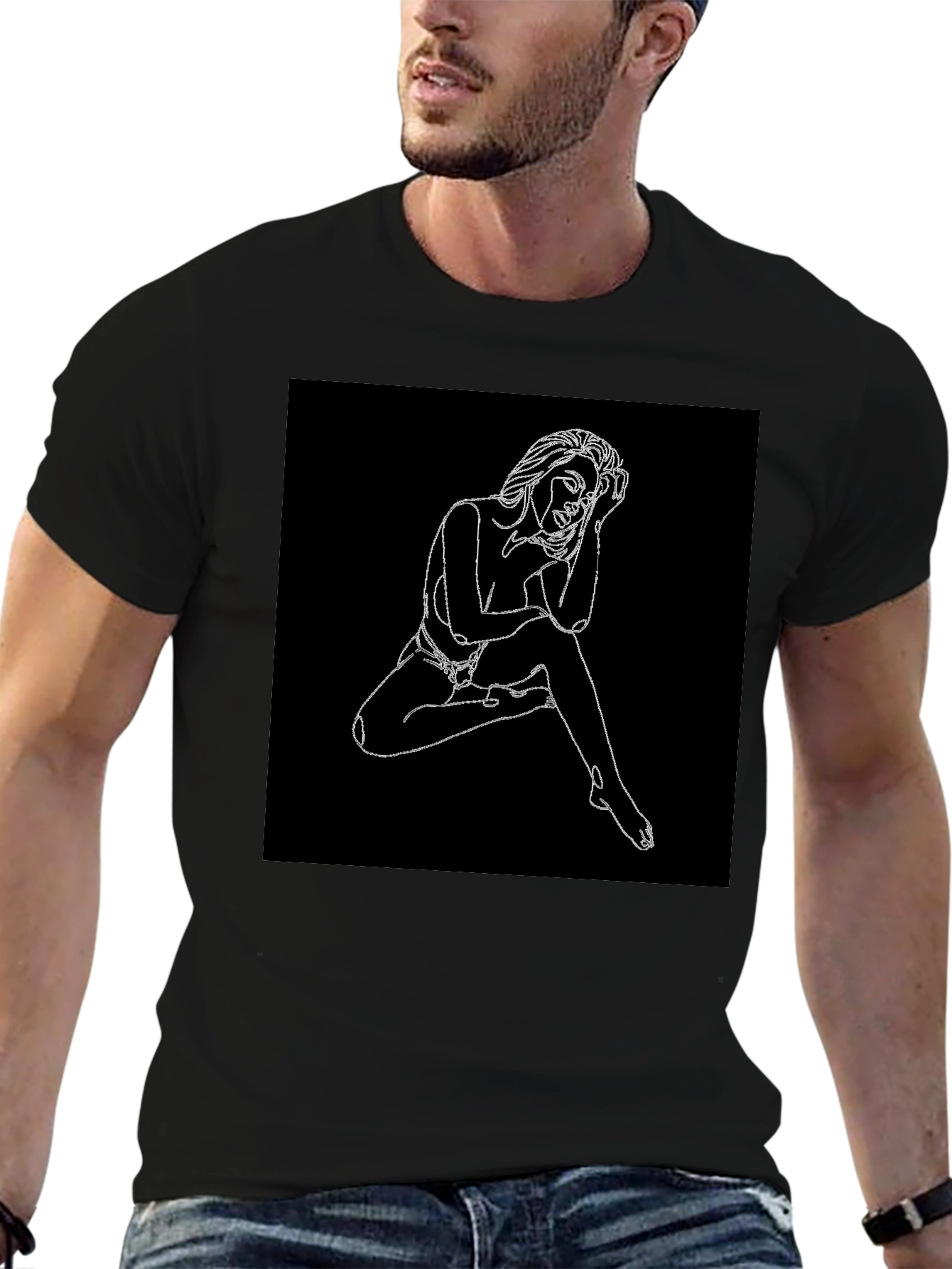 Line Art Woman Graphic Black T-Shirt