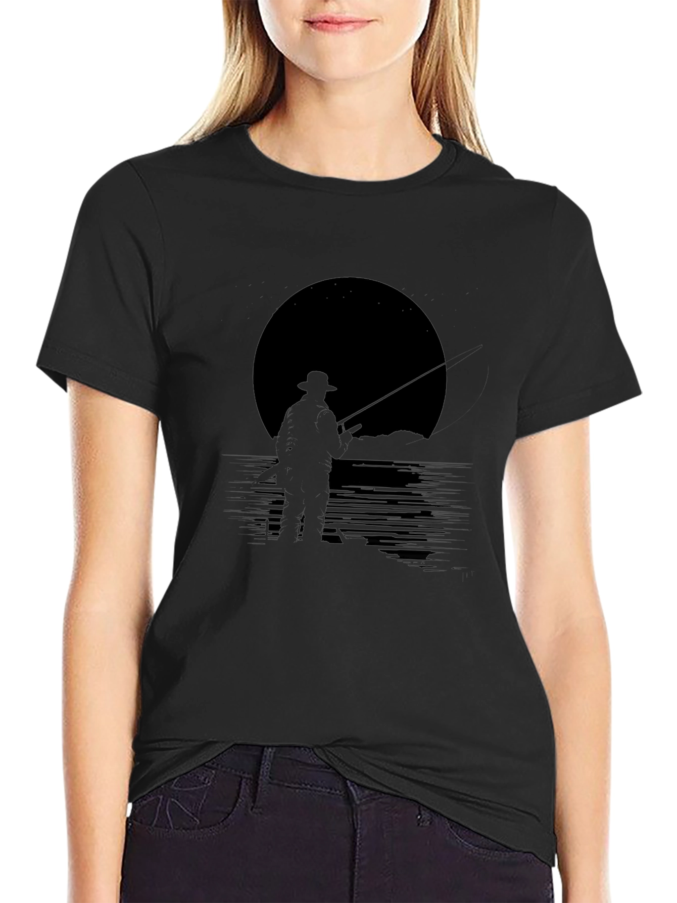 Mens Black Fishing Silhouette Graphic Tee