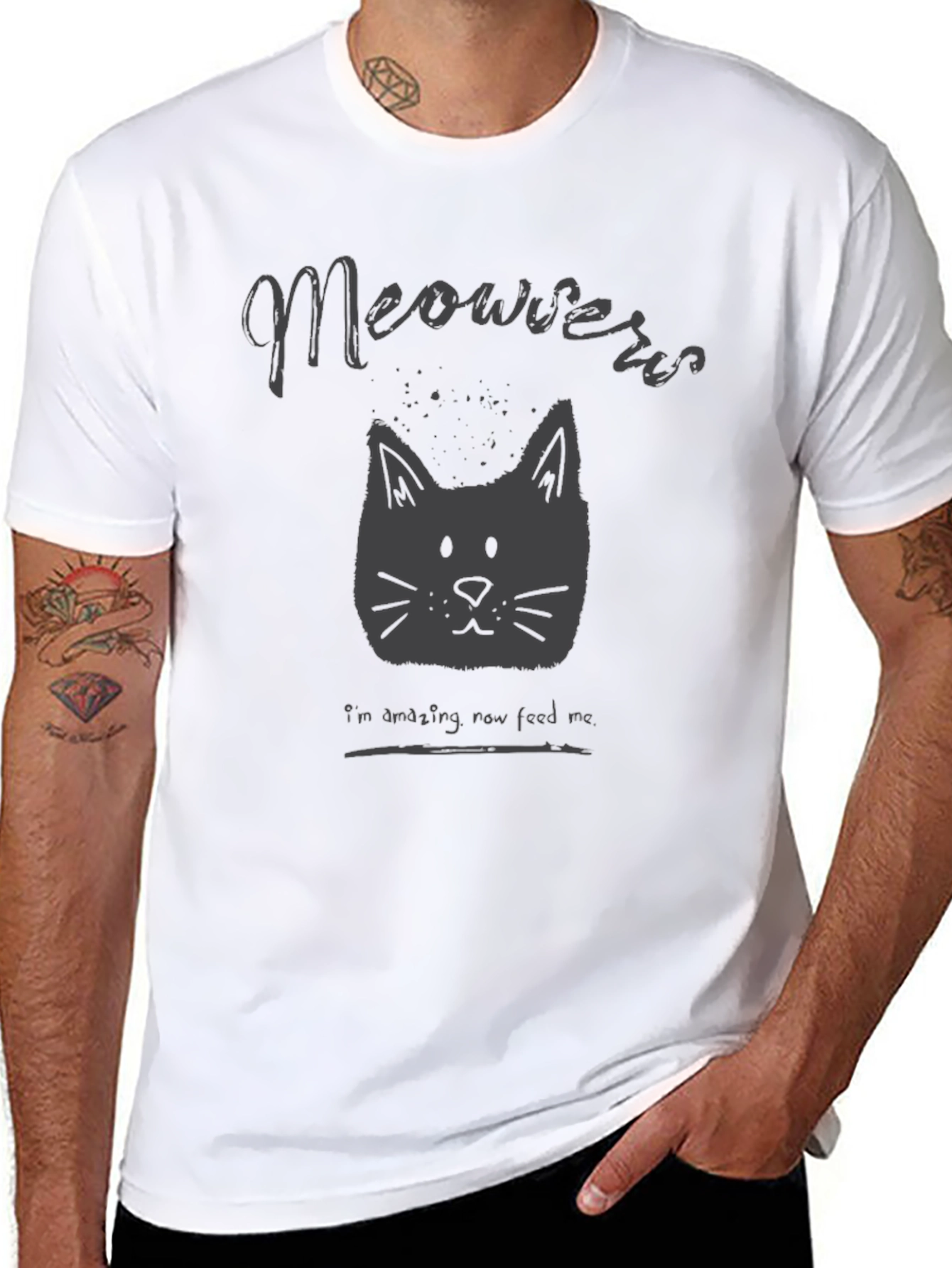 Meowers Cat Graphic Tee - Black Crew Neck T-Shirt
