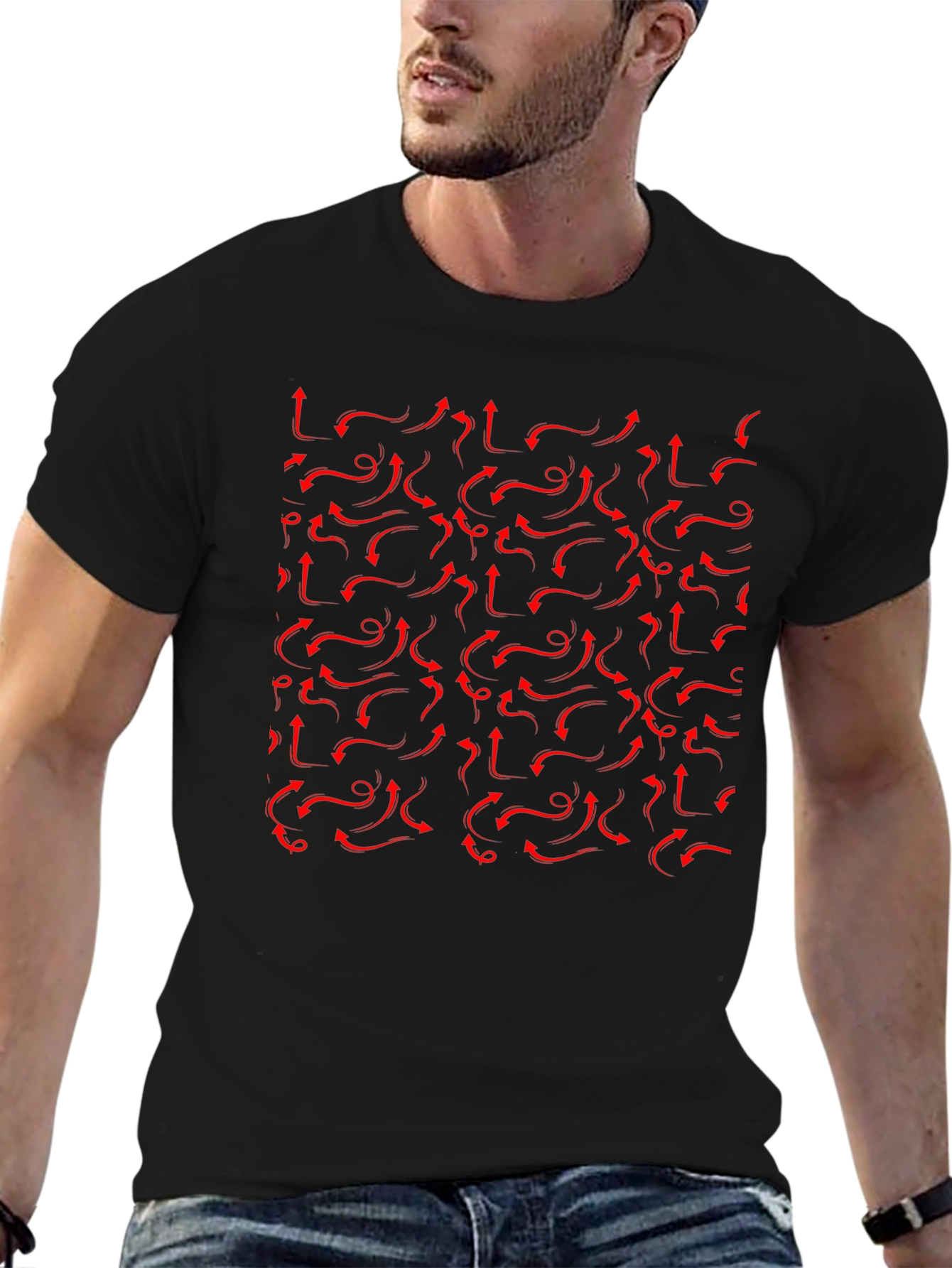 Red Arrows Pattern Black T-Shirt - Unique Design