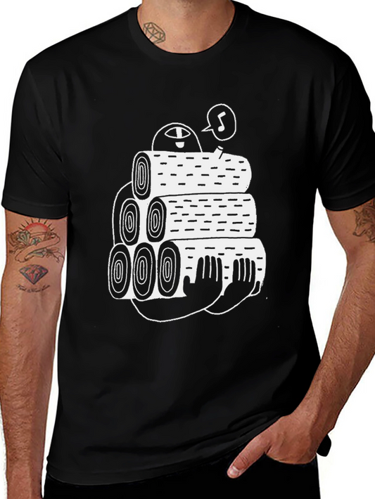 Black Tee with Funny Lumberjack Log Pile Graphic