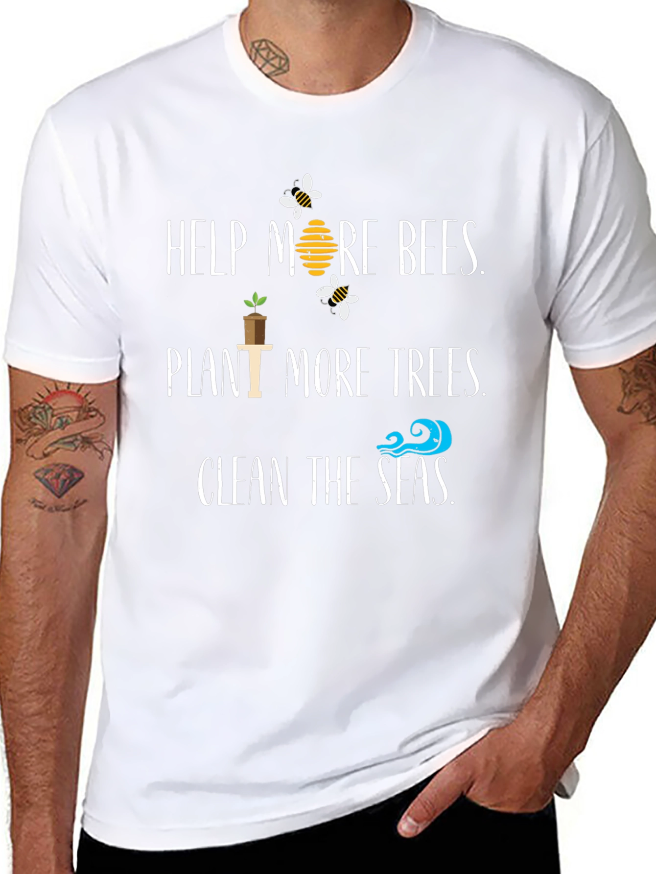 Eco-Friendly Slogan T-Shirt: Help Bees Plant Trees Clean Seas