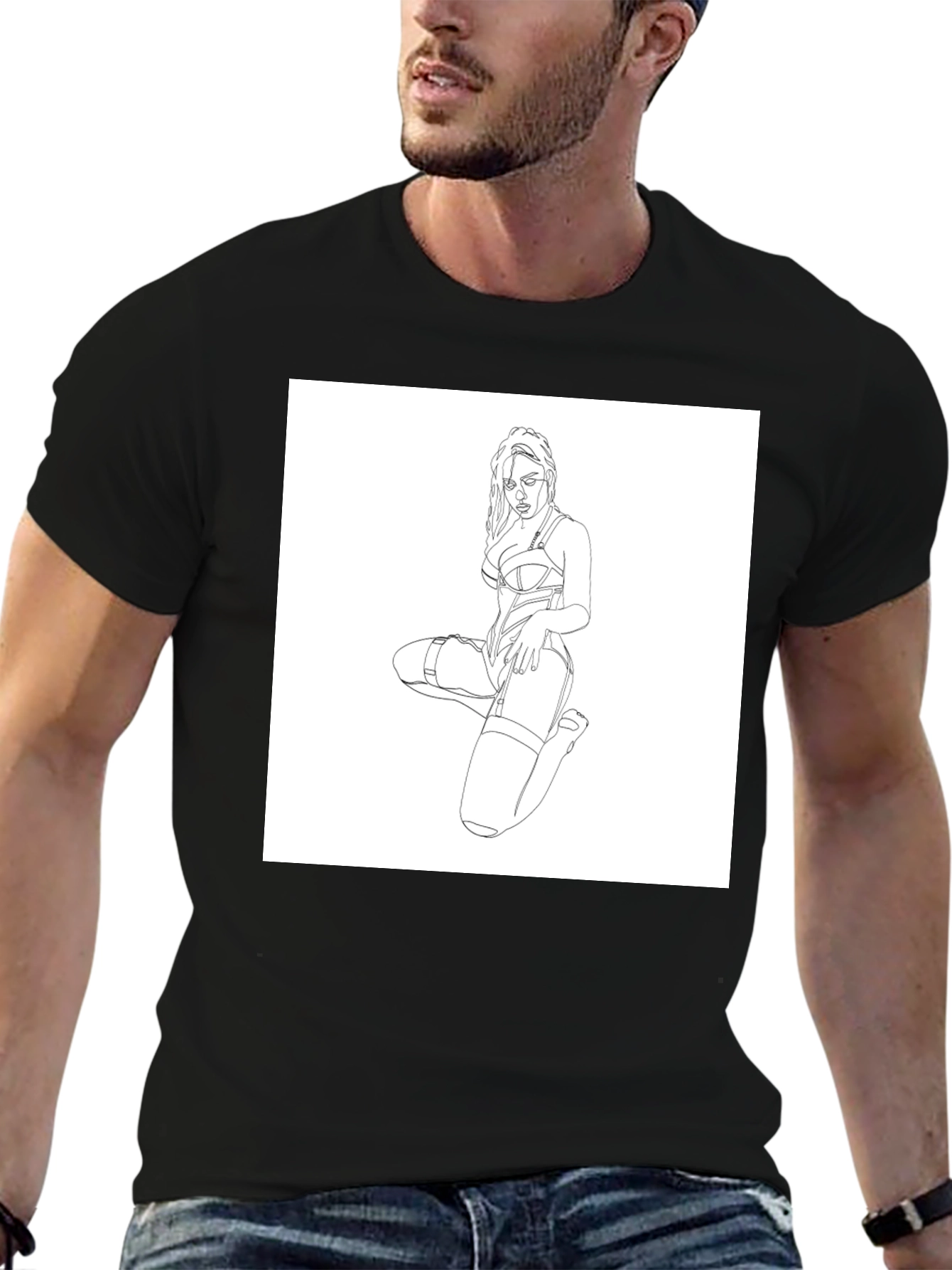 Black T-Shirt with Woman Line Art Graphic Print