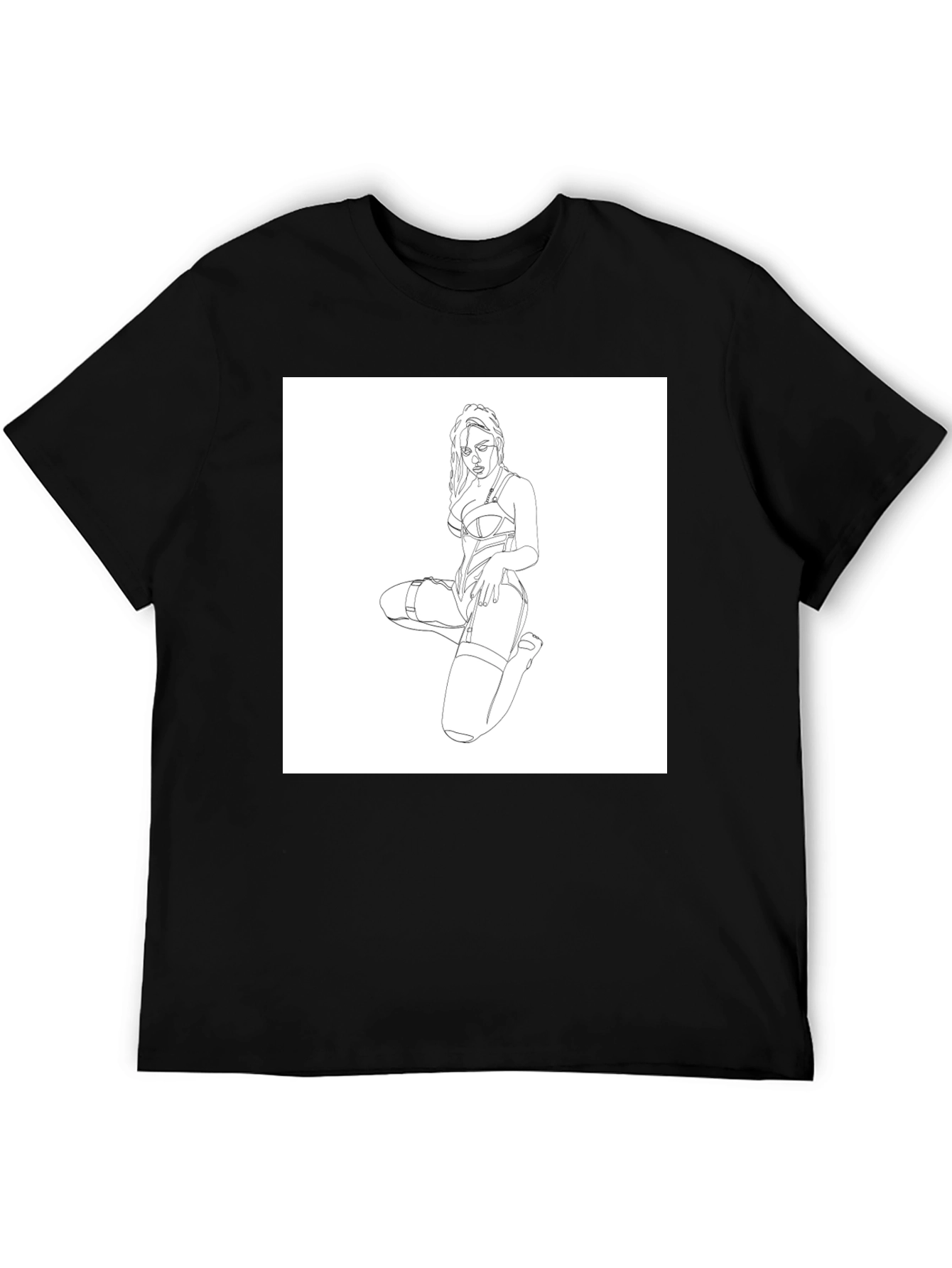 Black T-Shirt with Woman Line Art Graphic Print