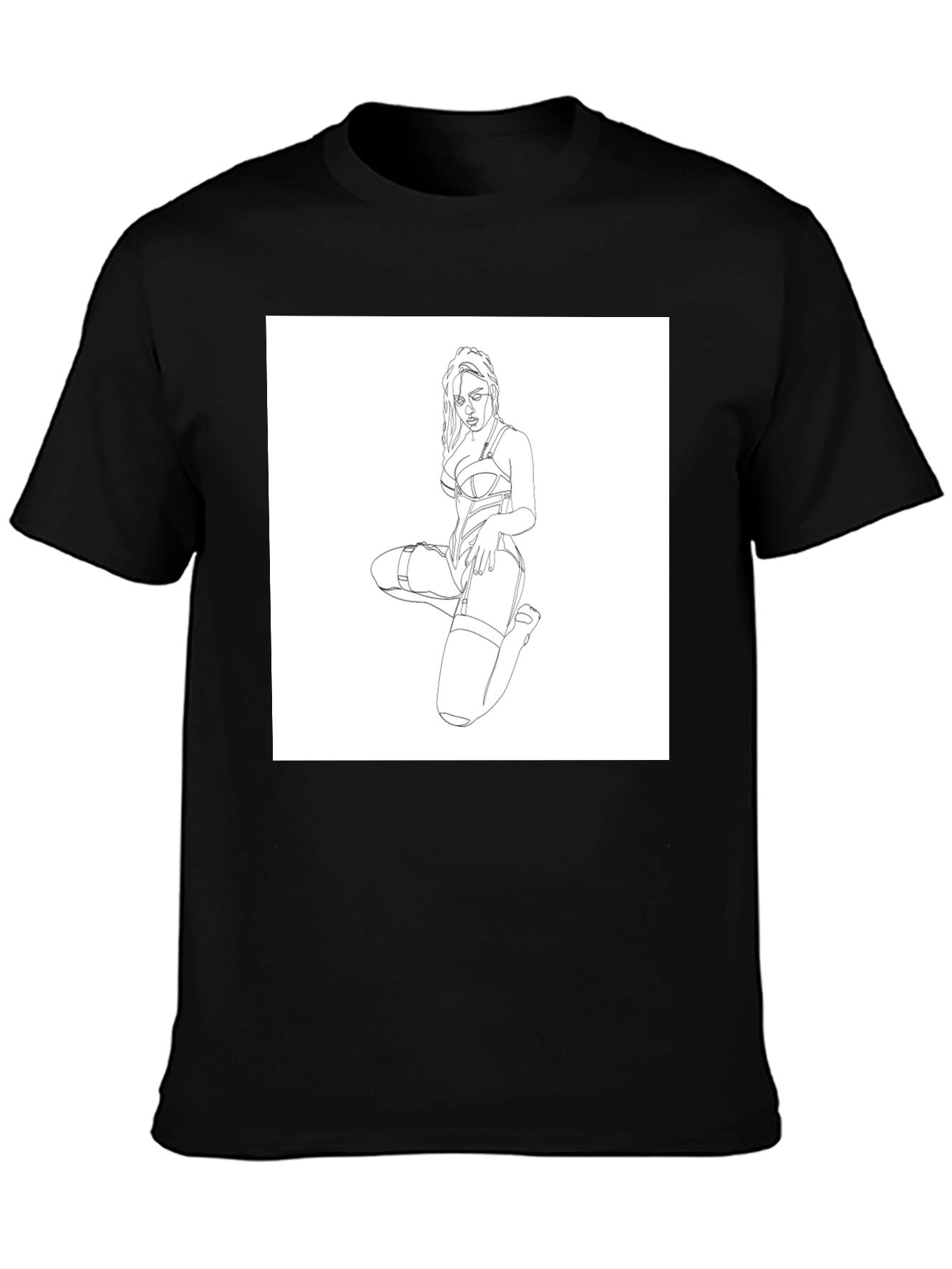 Black T-Shirt with Woman Line Art Graphic Print