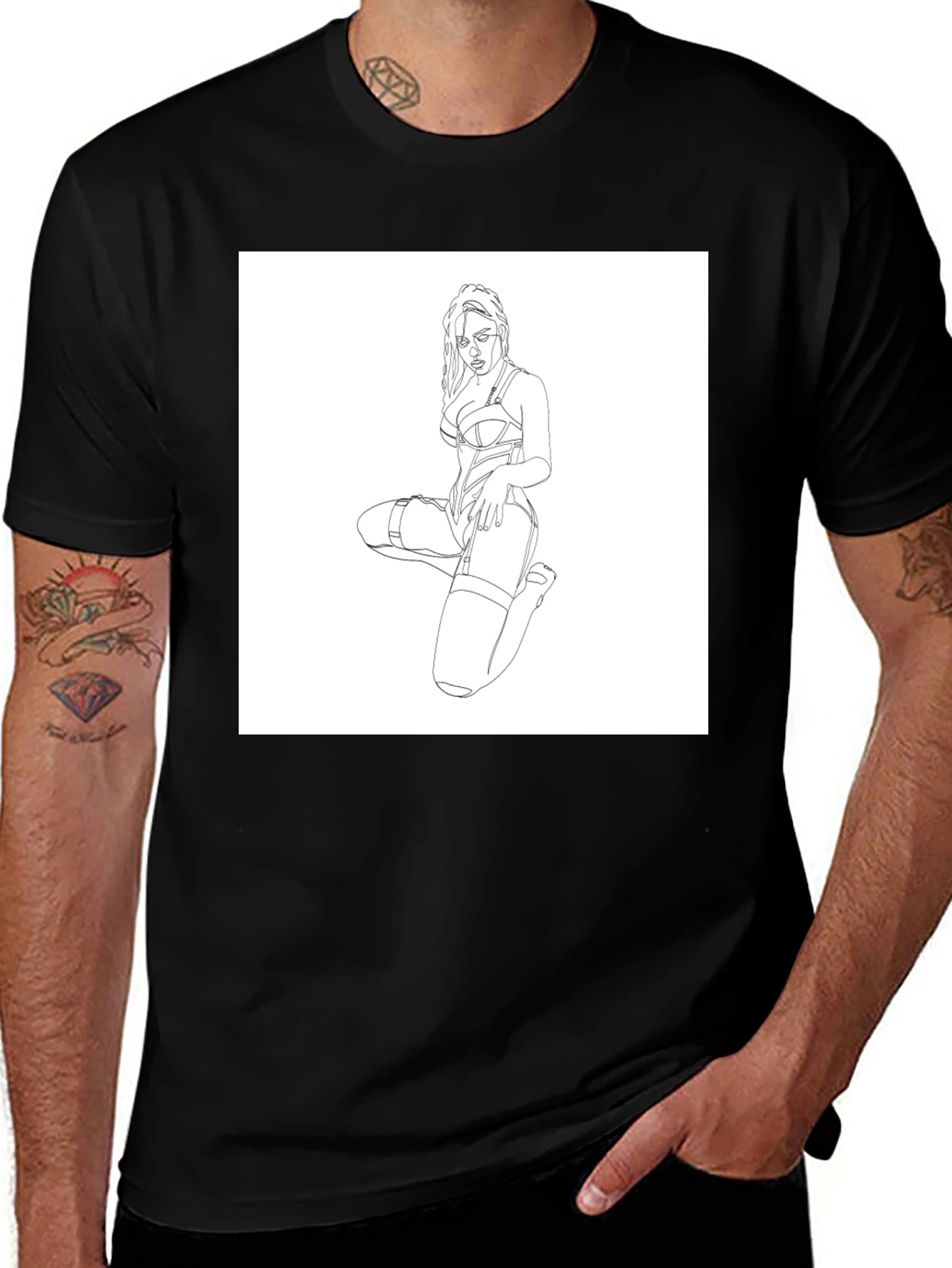 Black T-Shirt with Woman Line Art Graphic Print