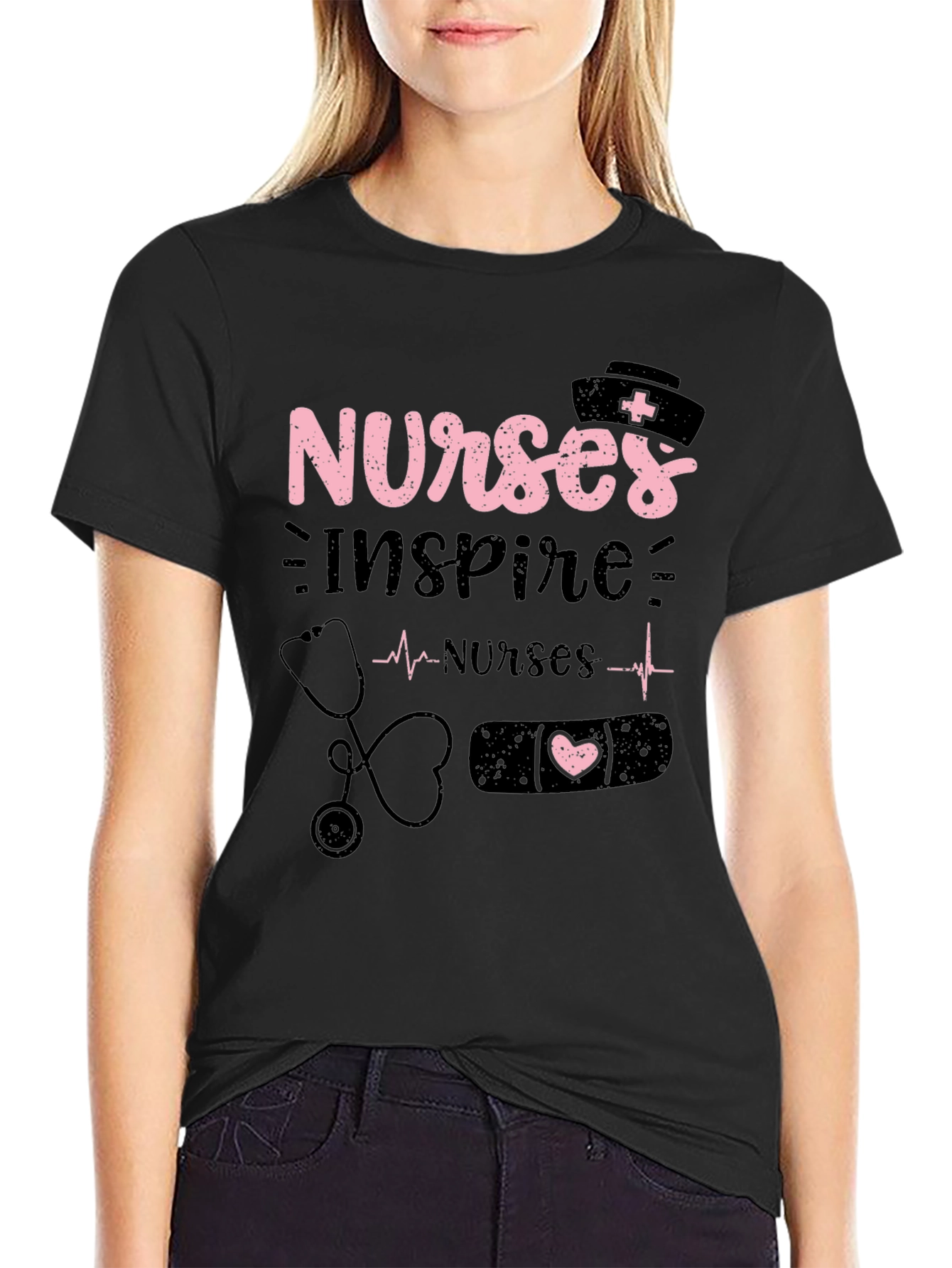 Nurses Inspire Black Cotton Graphic T-Shirt