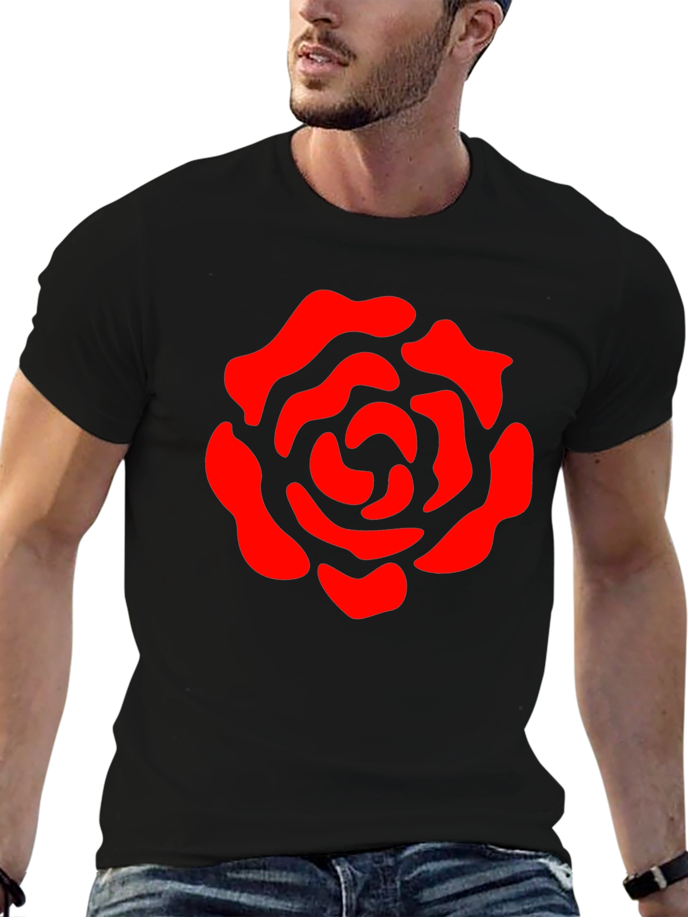 Black T-Shirt with Red Rose Graphic