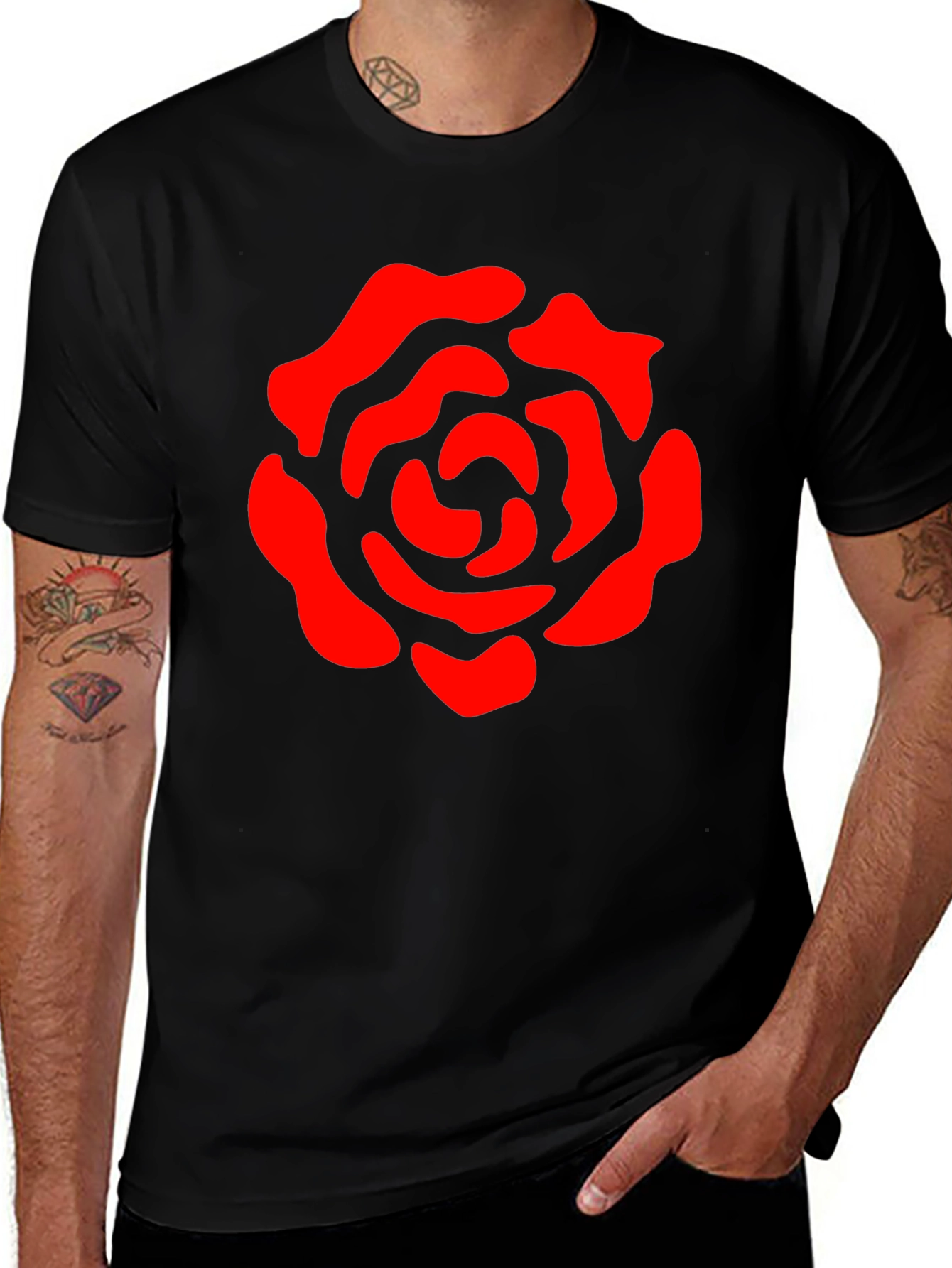 Black T-Shirt with Red Rose Graphic