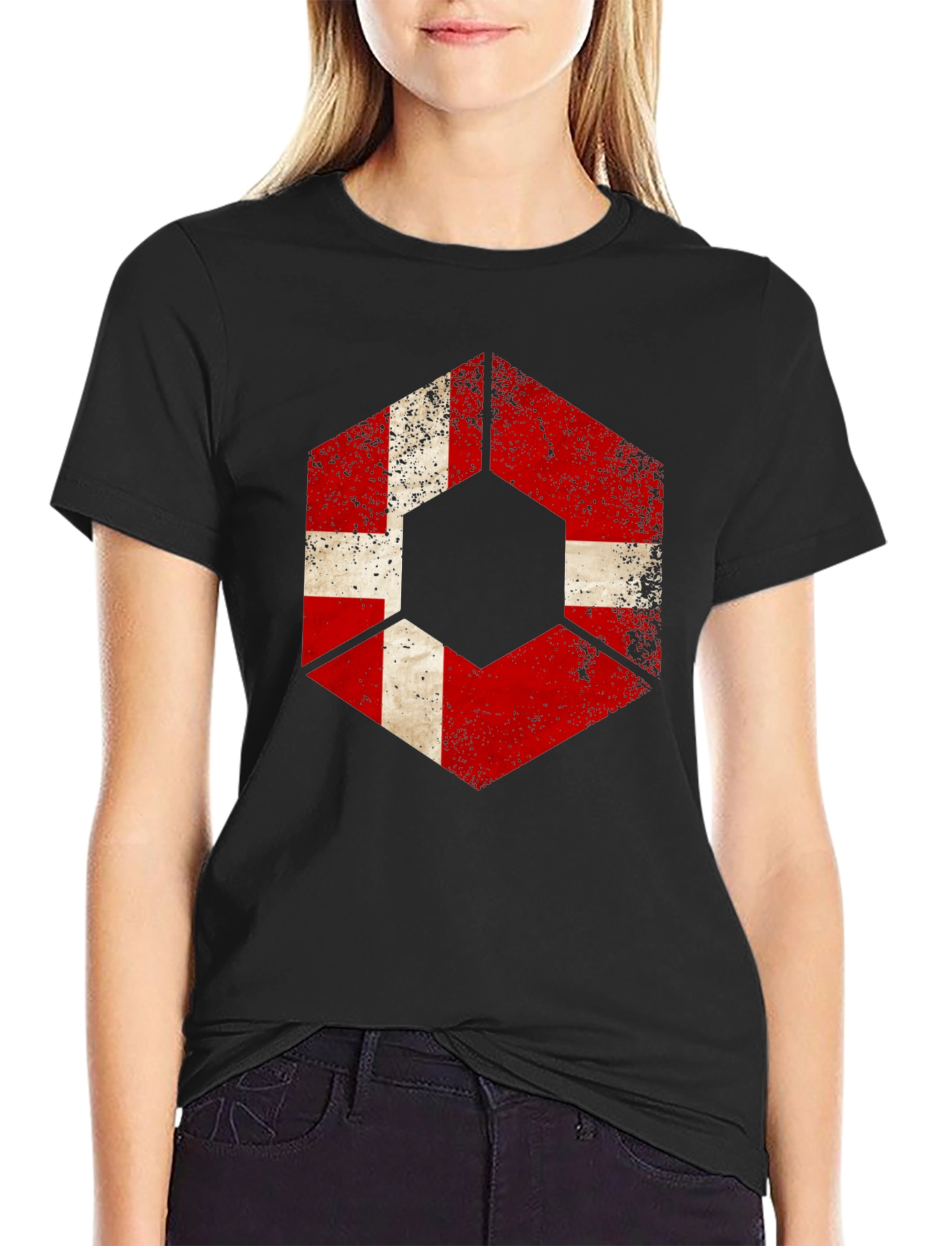 Distressed Hexagon Denmark Flag Graphic T-Shirt