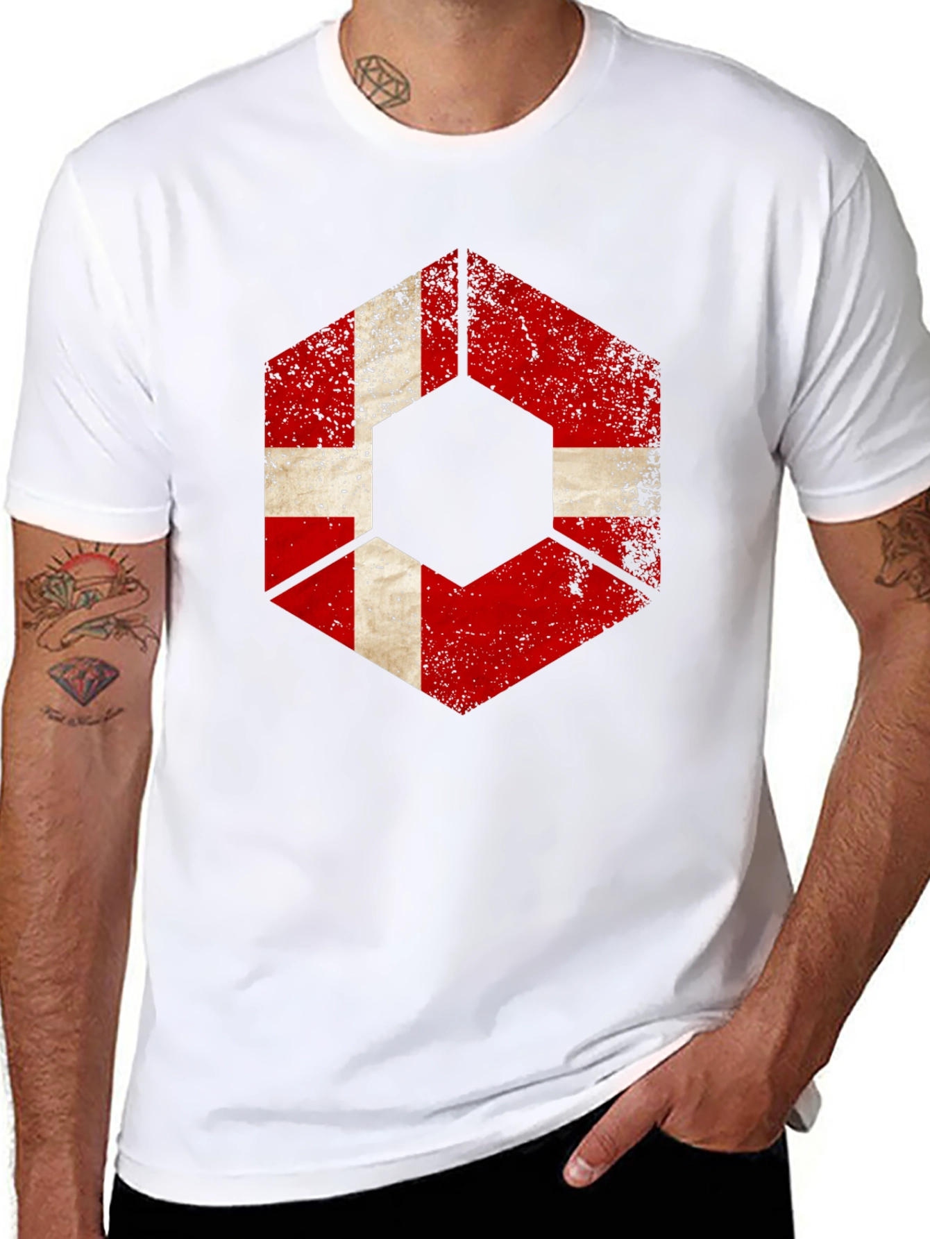 Distressed Hexagon Denmark Flag Graphic T-Shirt