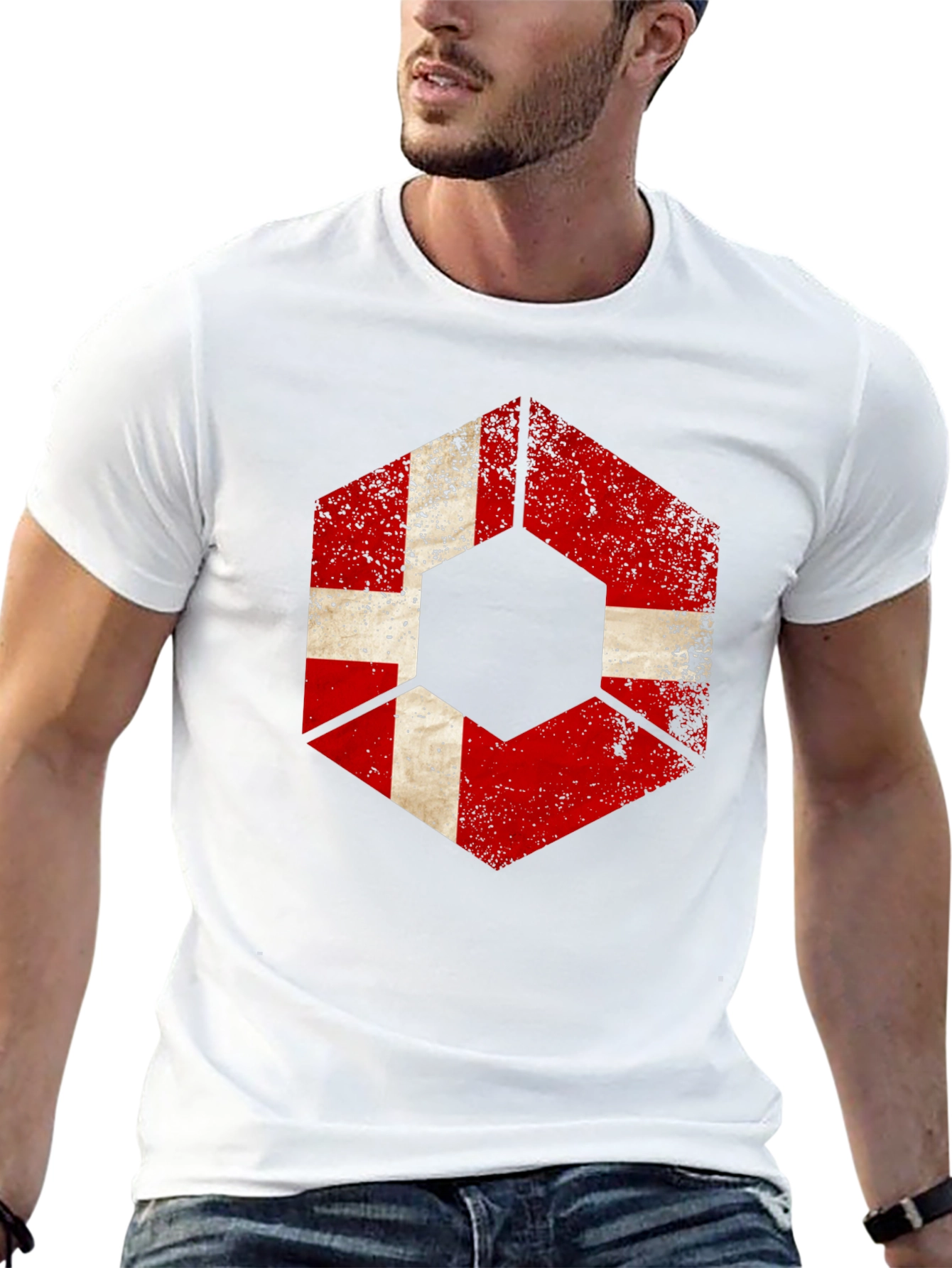 Distressed Hexagon Denmark Flag Graphic T-Shirt