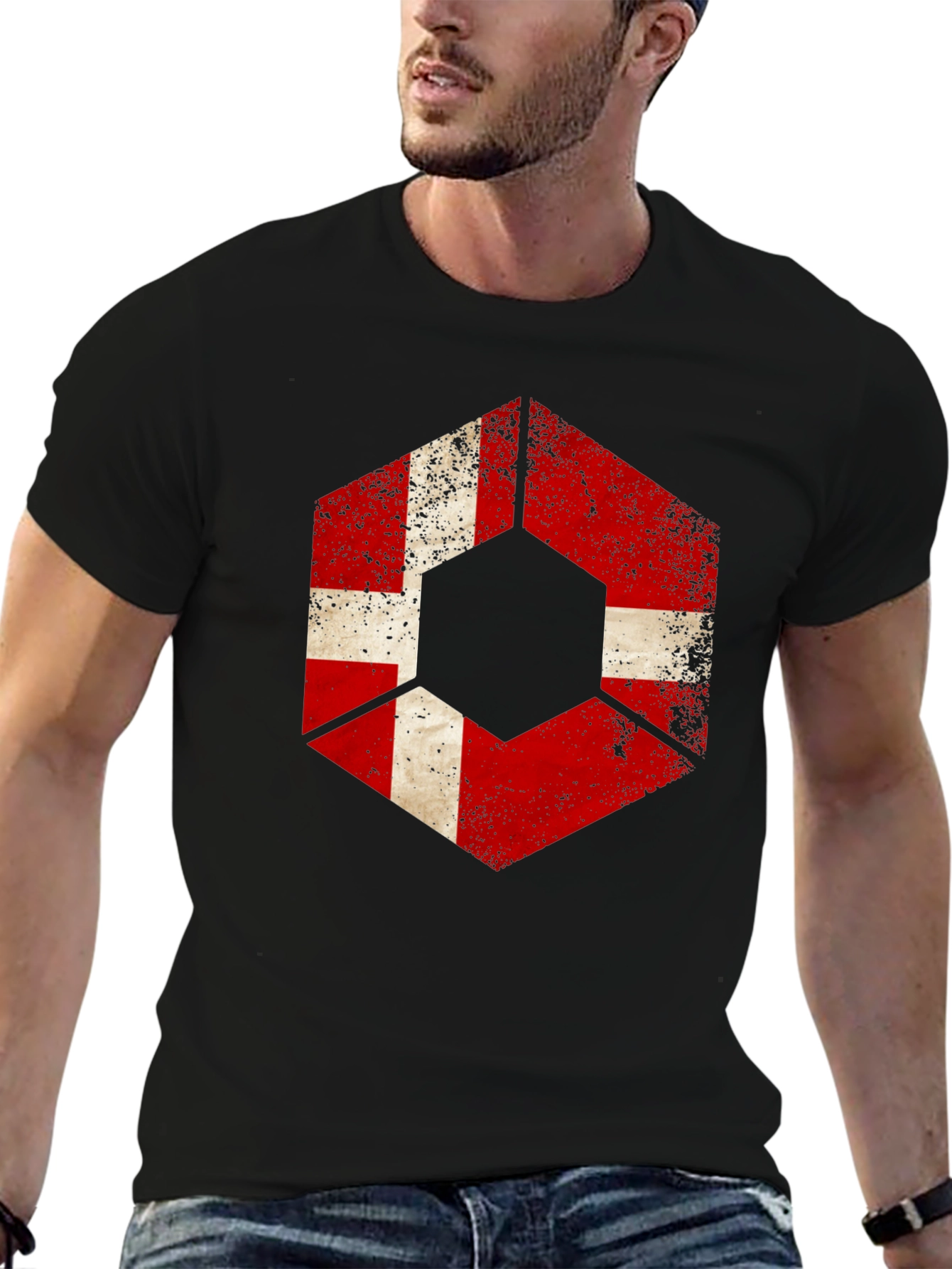 Distressed Hexagon Denmark Flag Graphic T-Shirt
