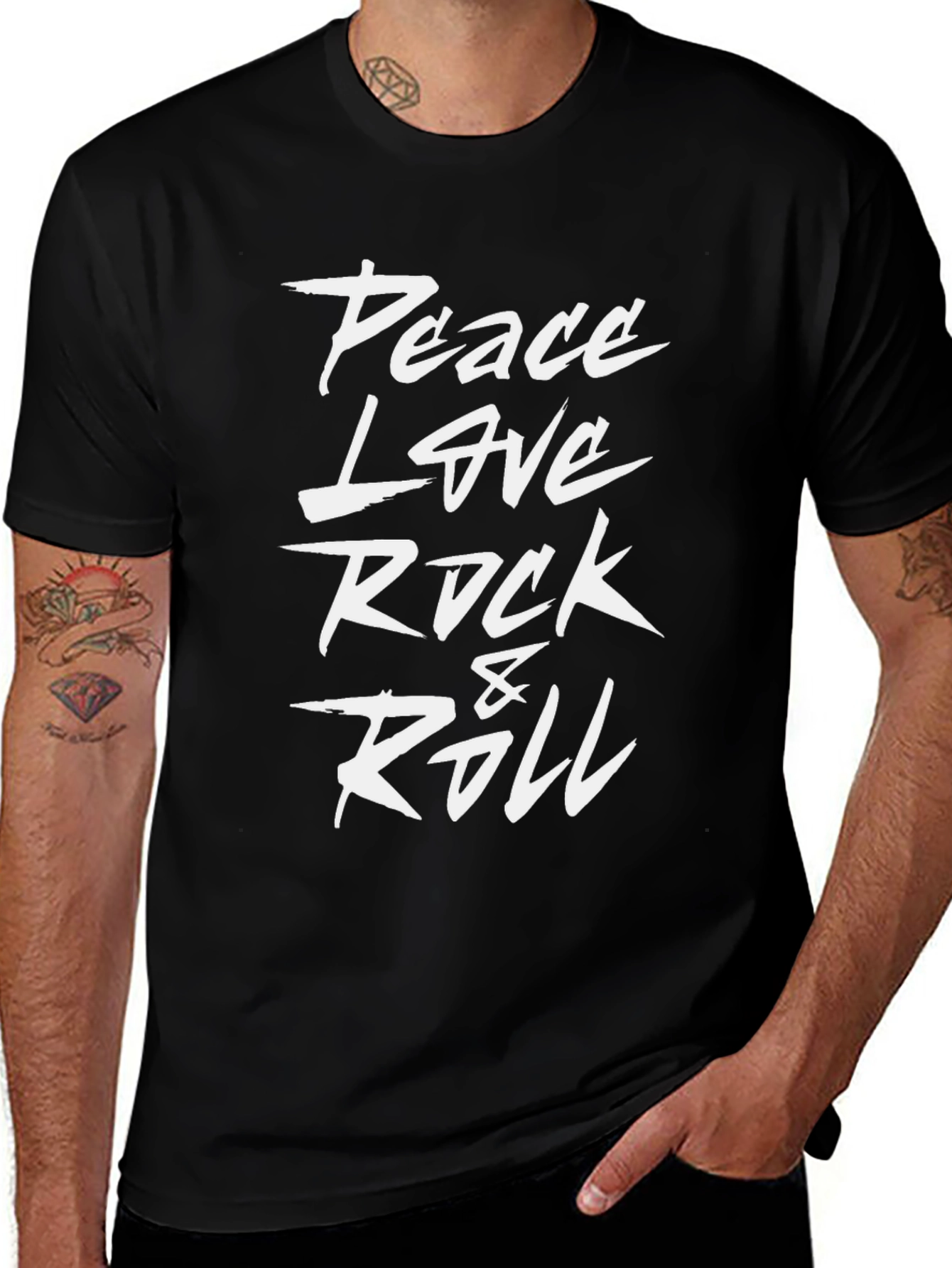 Peace Love Rock & Roll Black Graphic T-Shirt