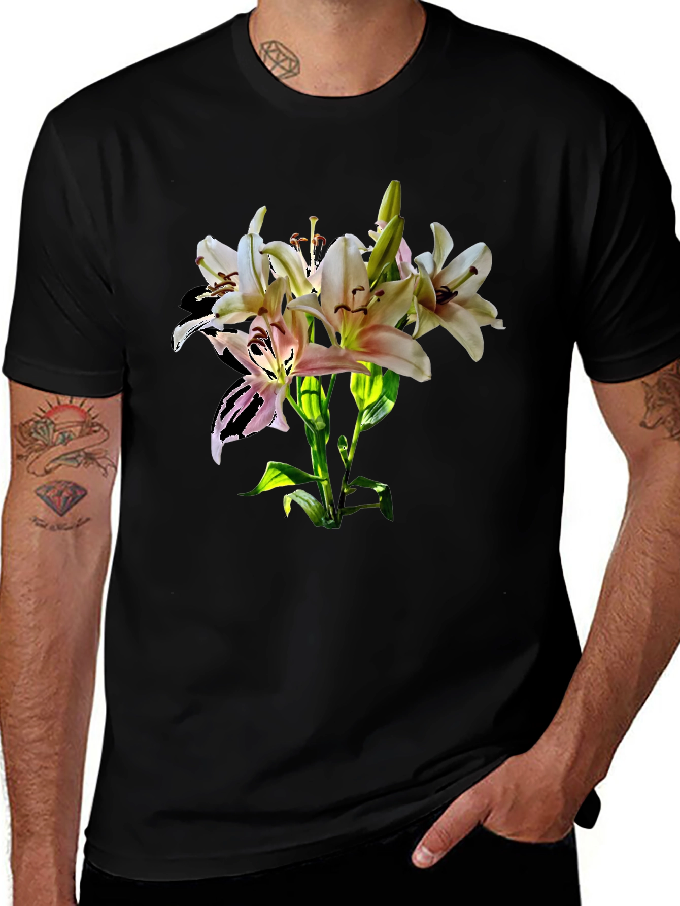 Lily Flower Graphic Print Black T-Shirt