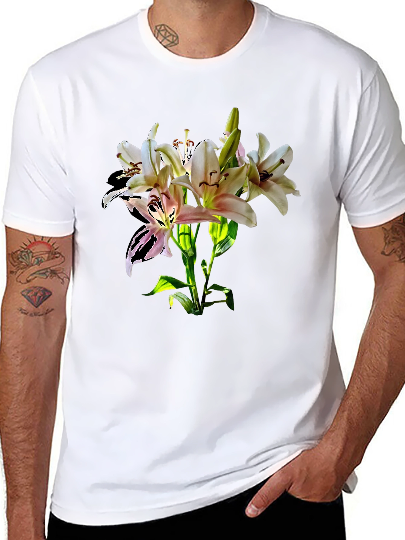 Lily Flower Graphic Print Black T-Shirt
