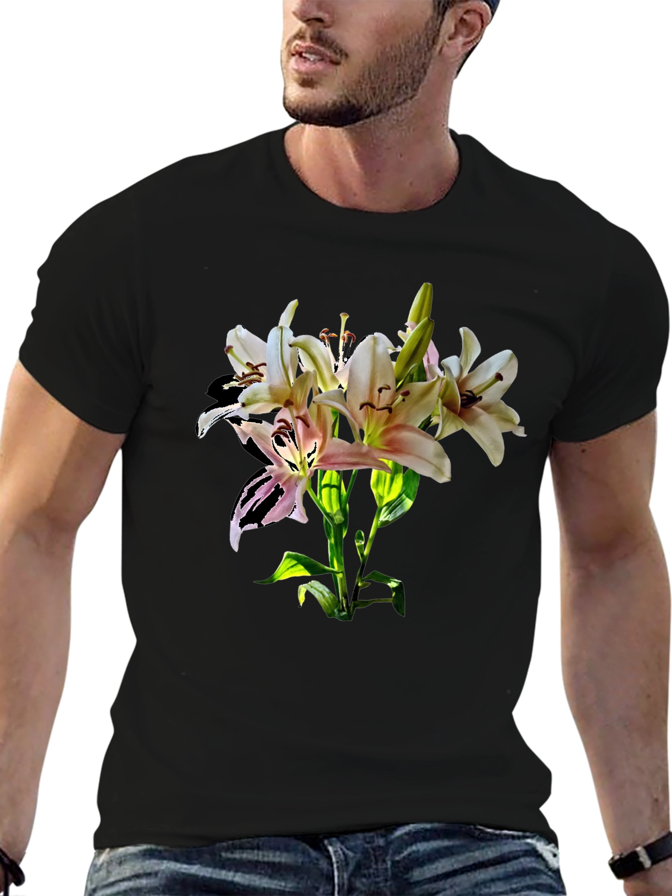 Lily Flower Graphic Print Black T-Shirt