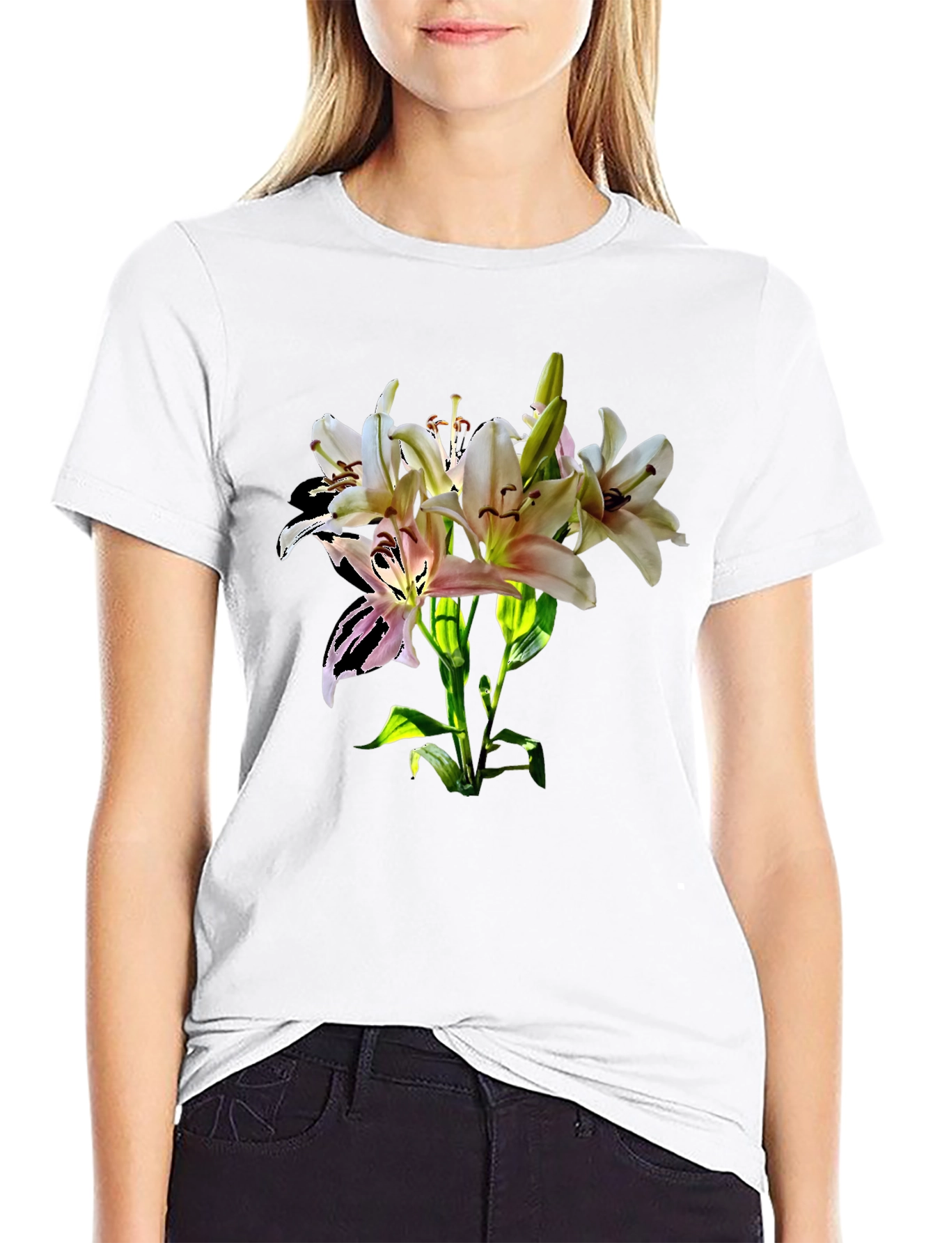 Lily Flower Graphic Print Black T-Shirt