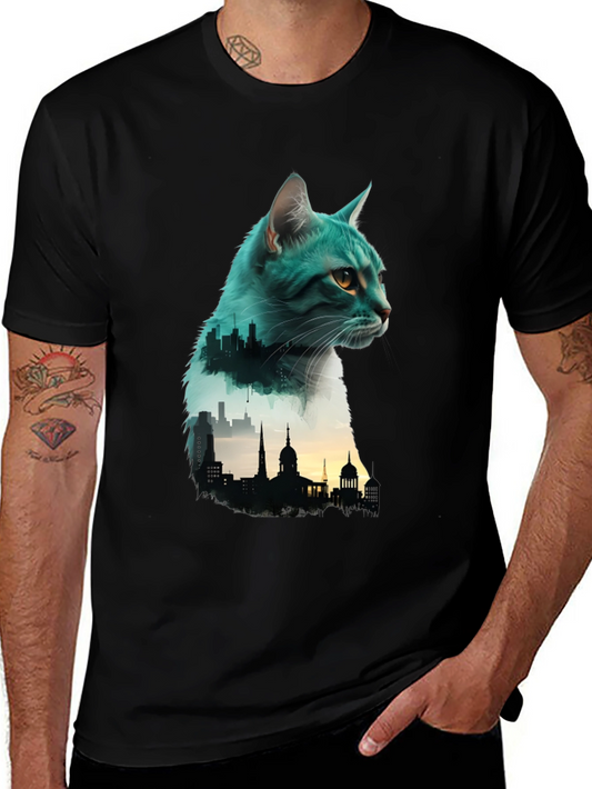 Cat Silhouette Cityscape Graphic Tee - Unique Design