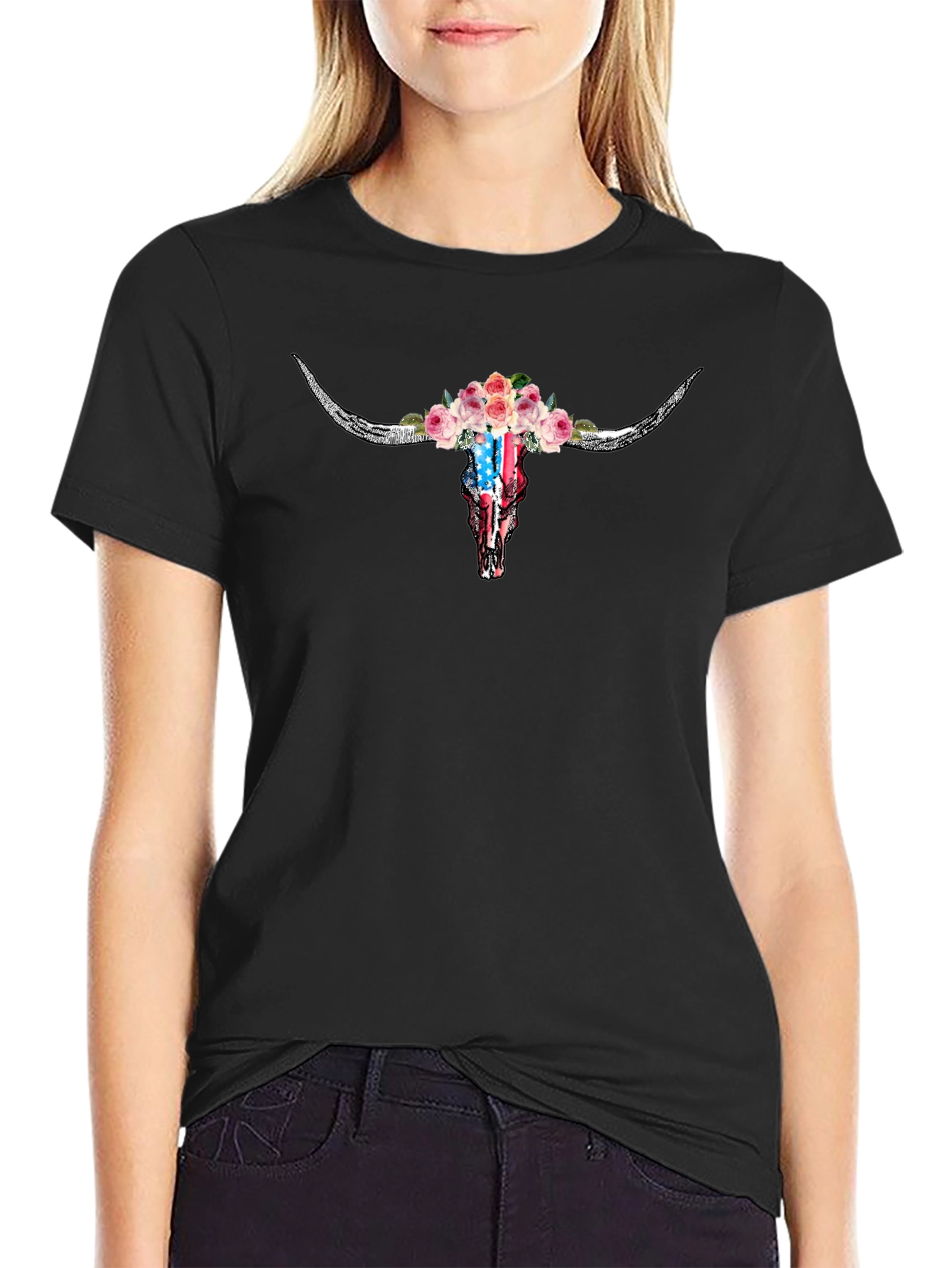 Floral Skull T-Shirt - American Flag Design