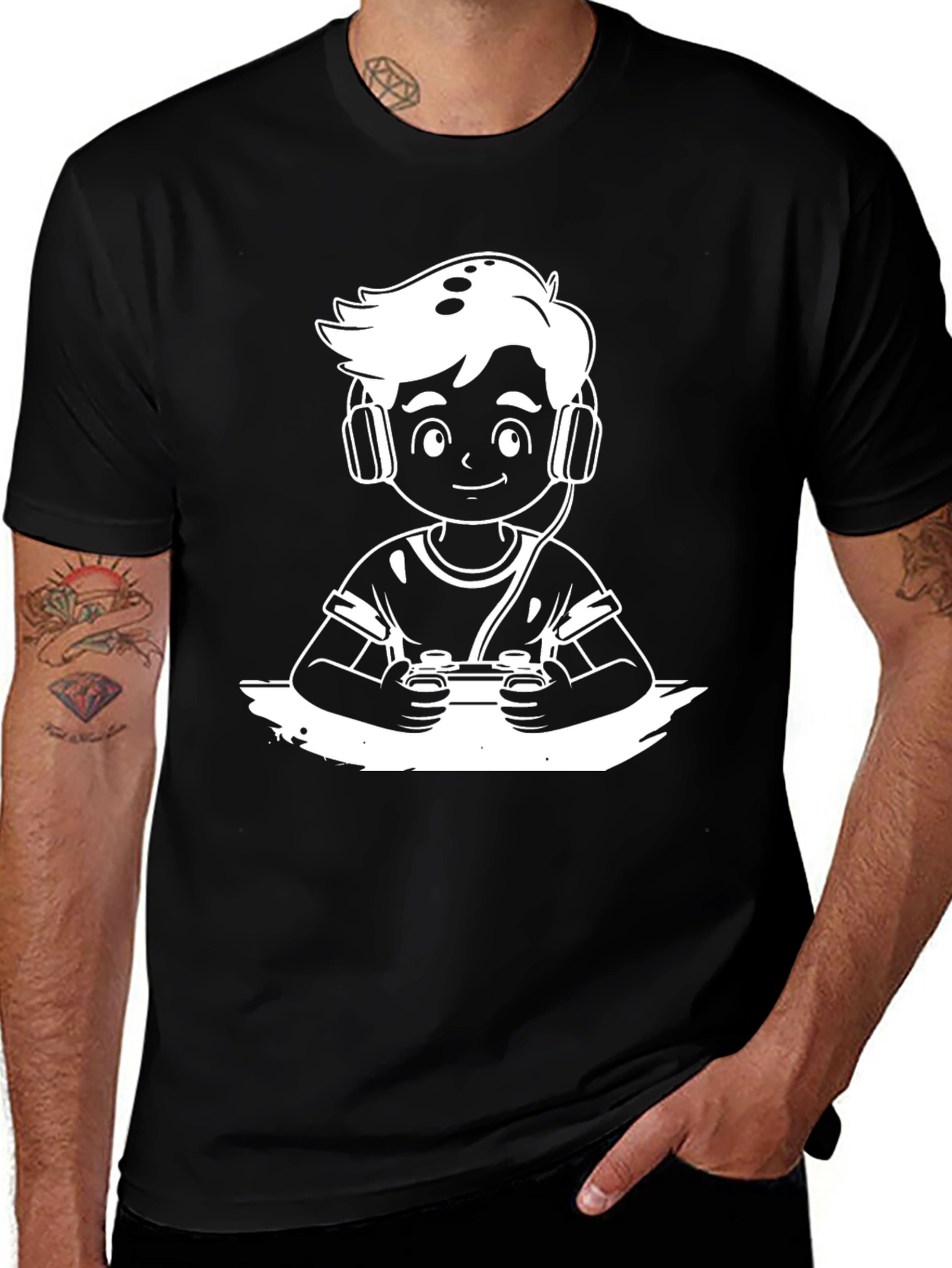 Gamer Boy Black T-Shirt - Cartoon Graphic Tee