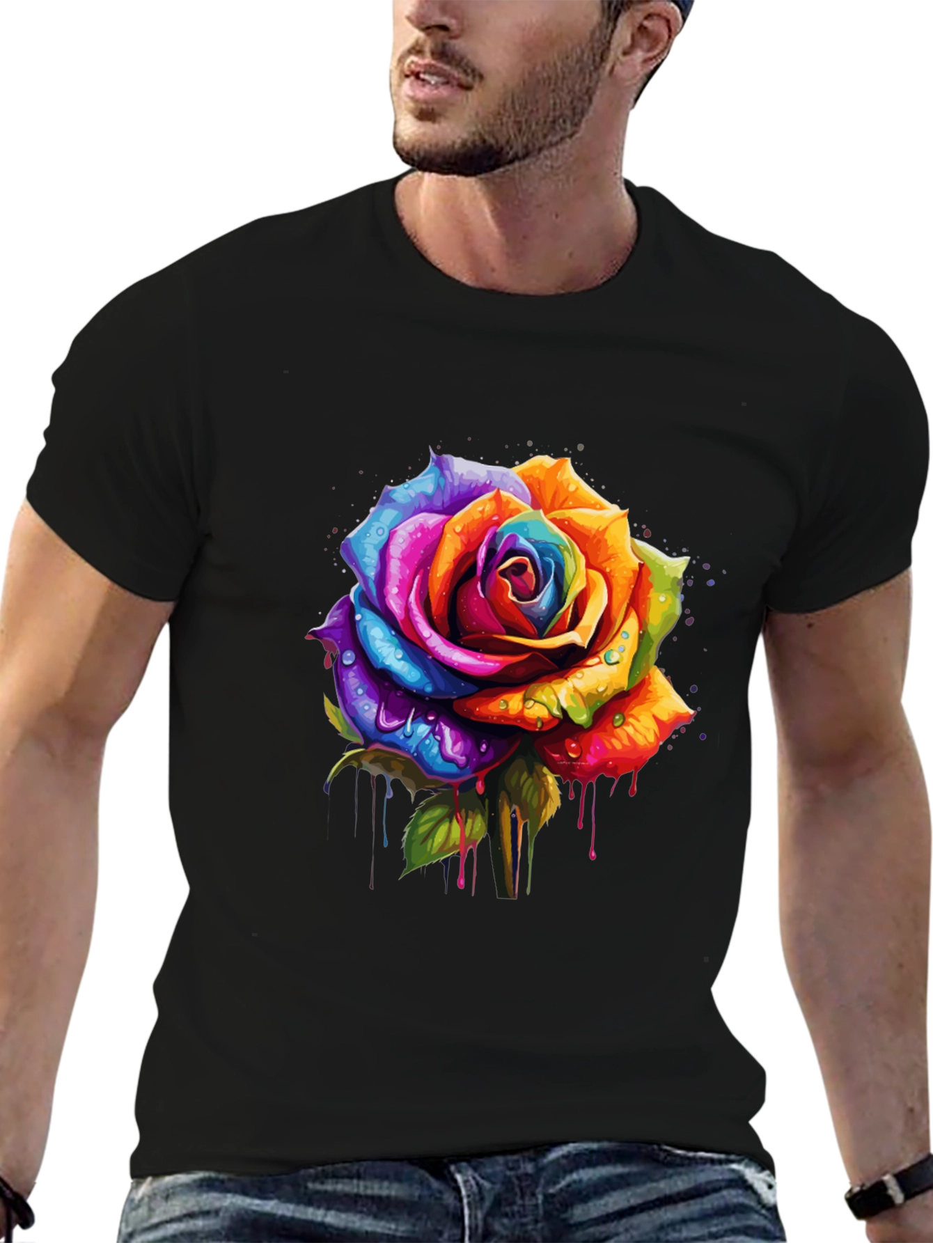 Rainbow Rose Graphic Tee - Vibrant Floral Design