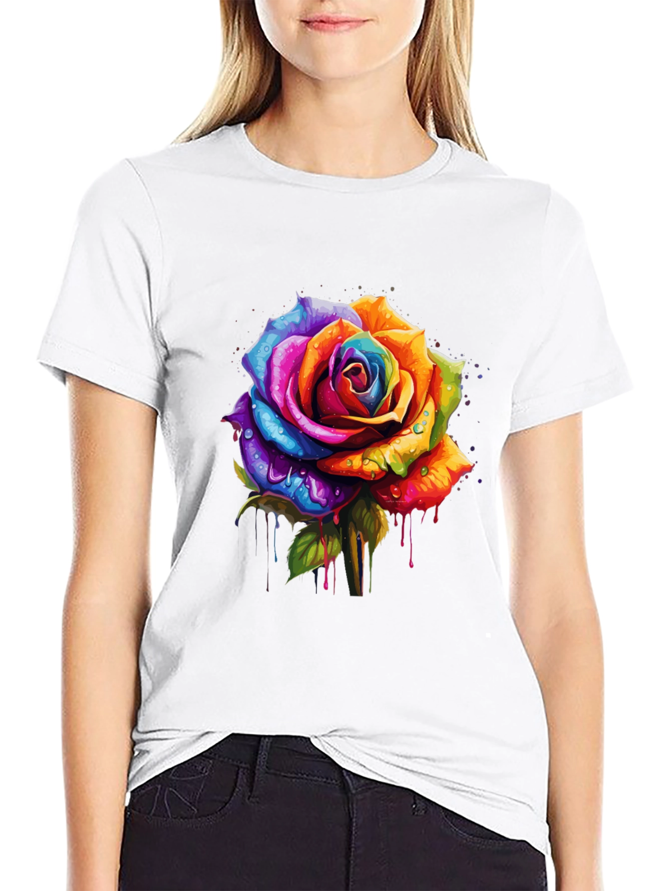Rainbow Rose Graphic Tee - Vibrant Floral Design