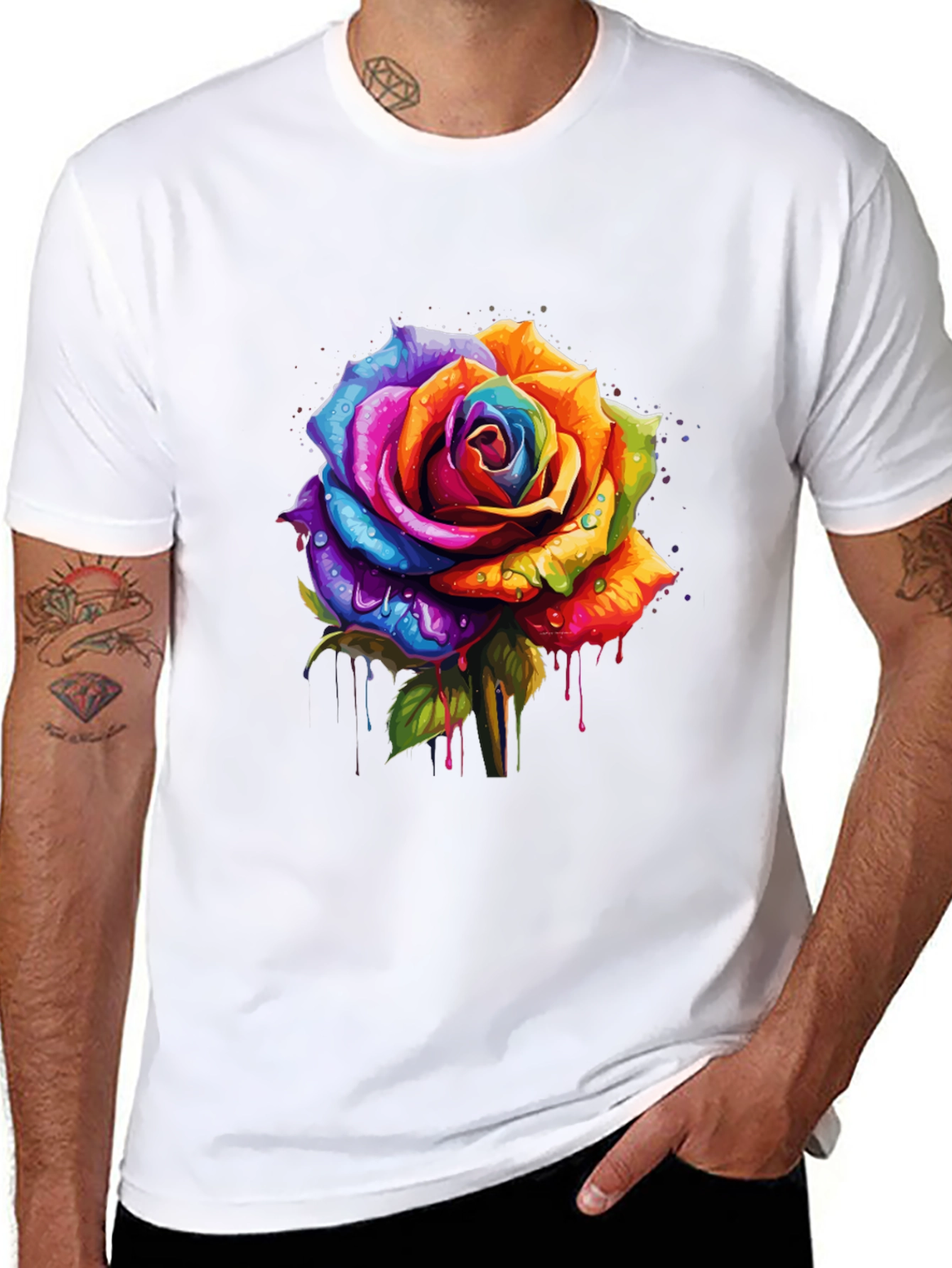 Rainbow Rose Graphic Tee - Vibrant Floral Design