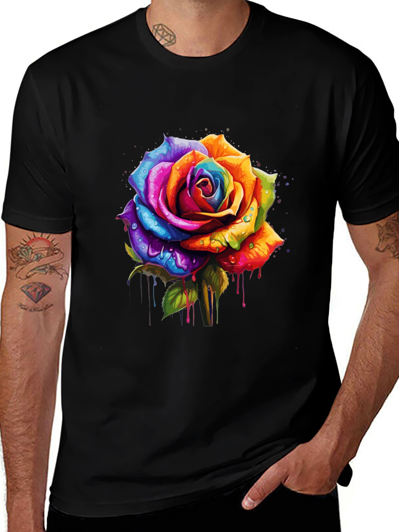 Rainbow Rose Graphic Tee - Vibrant Floral Design