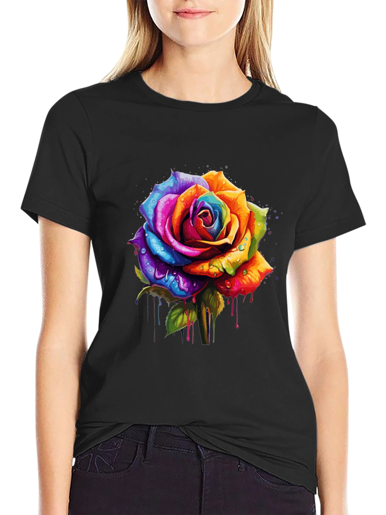 Rainbow Rose Graphic Tee - Vibrant Floral Design