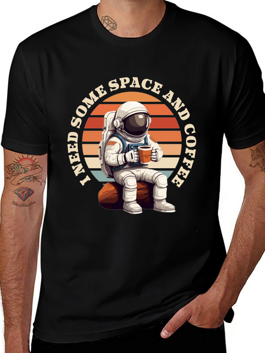 Space & Coffee Graphic T-Shirt - Relaxed Astronaut Design