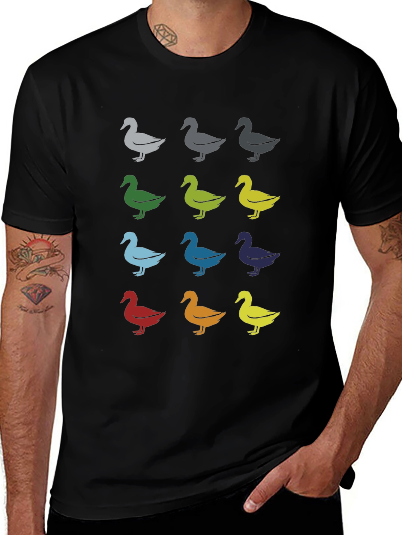Quirky Duck Pattern Graphic Tee - Black Unisex T-Shirt