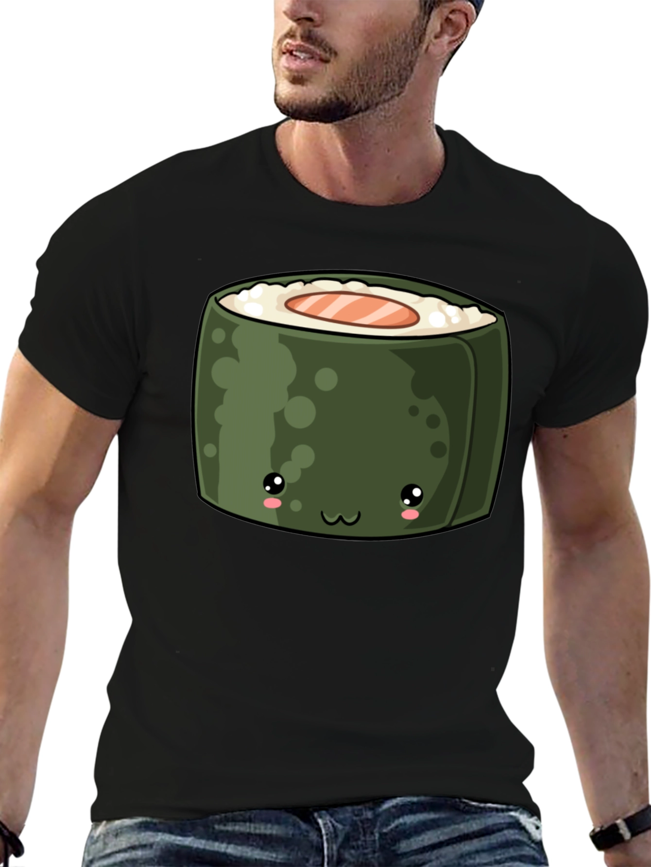 Kawaii Sushi Roll Graphic T-Shirt - Unisex Black Tee