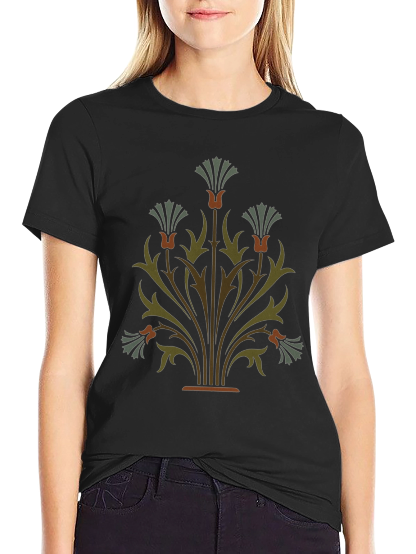 Elegant Floral Graphic Black T-Shirt