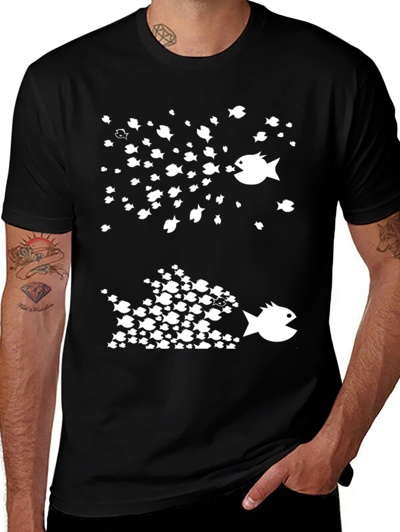 Fish Eat Fish Graphic Tee - Black Cotton T-Shirt